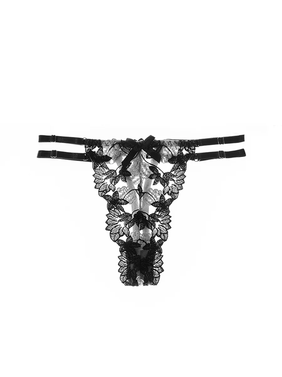 Black Floral Embroidered Mesh Sheer Thong - Image 4