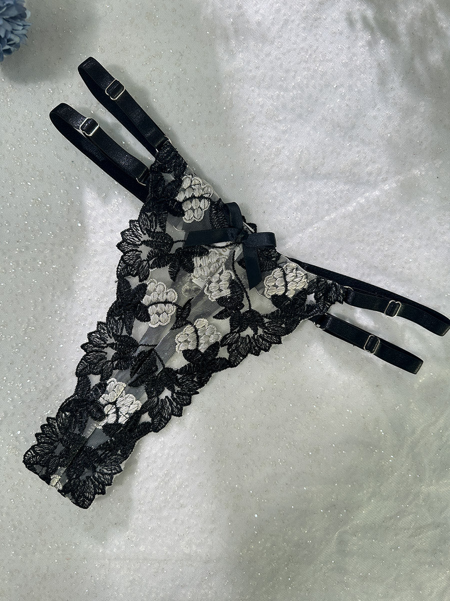 Black Floral Embroidery Bustier Straps Lingerie Set - Image 11