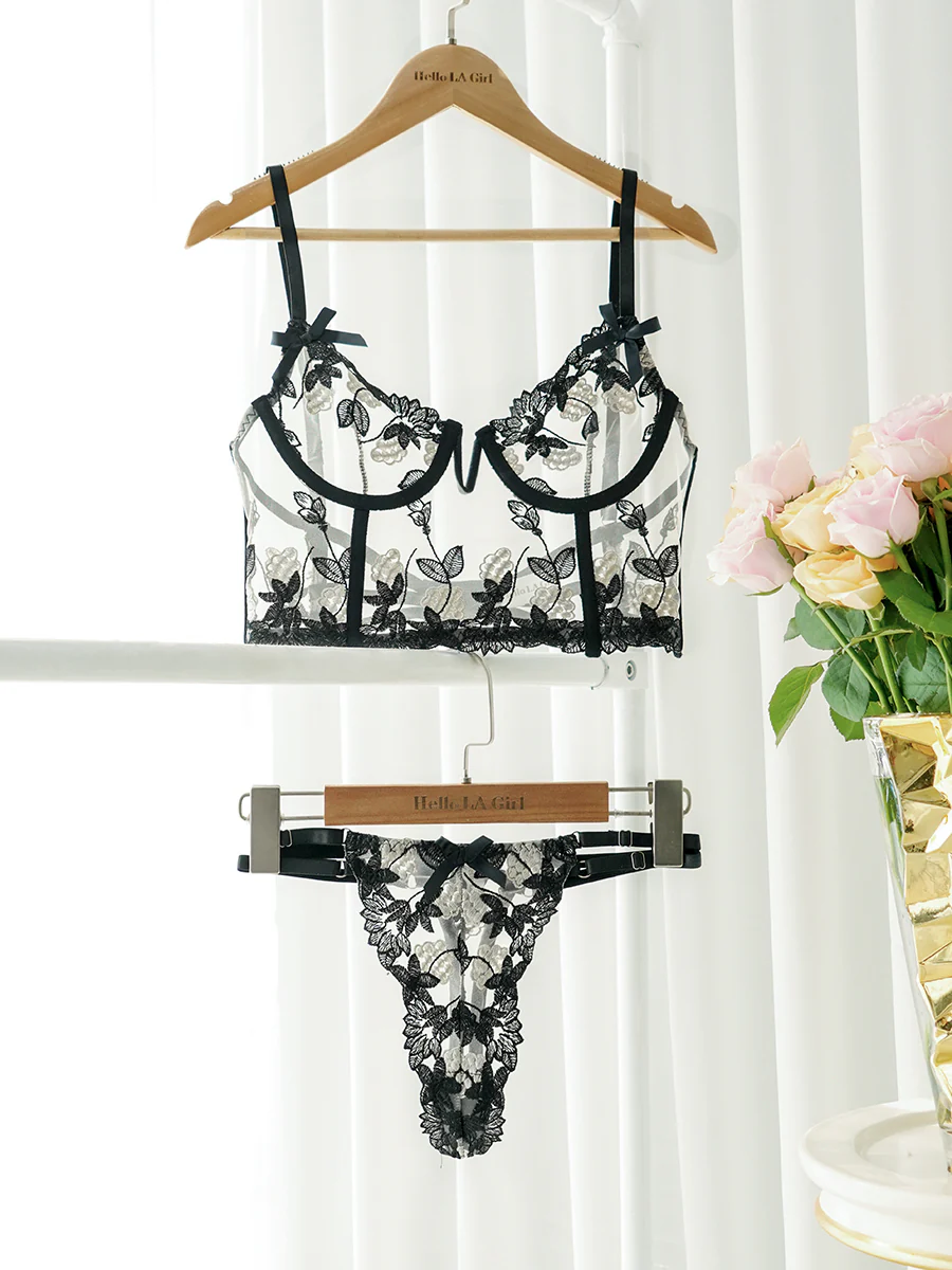 Black Floral Embroidery Bustier Straps Lingerie Set - Image 3