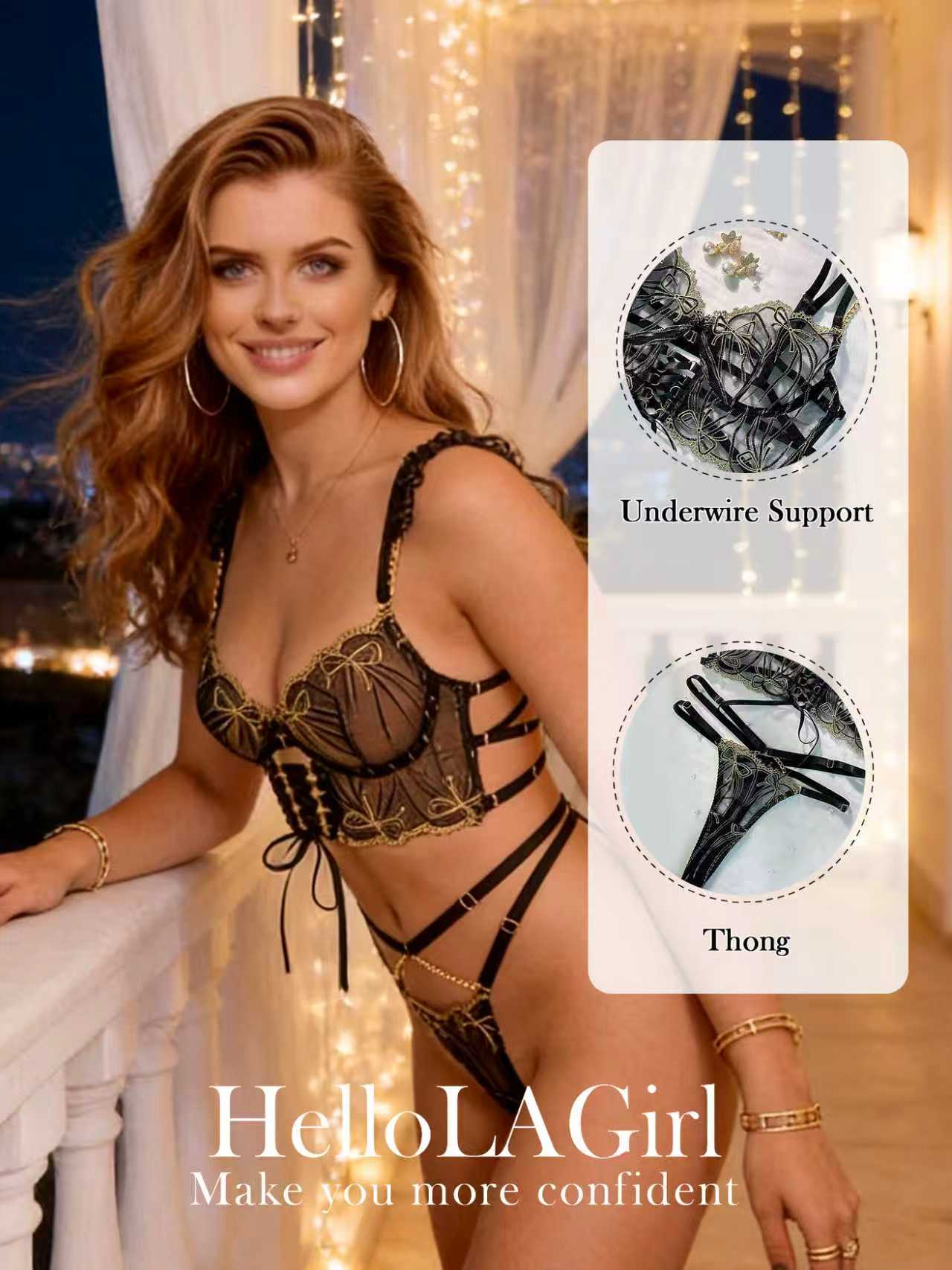 Black Gold-threaded Butterfly Bow Lingerie Set - Image 20