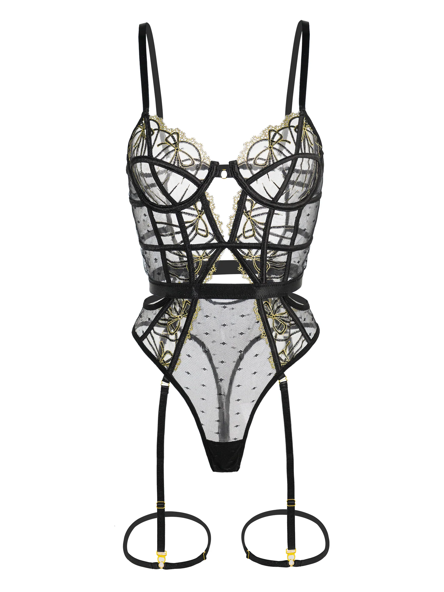 Black Gold-threaded Butterfly Bow Lace Bodysuit - Image 15
