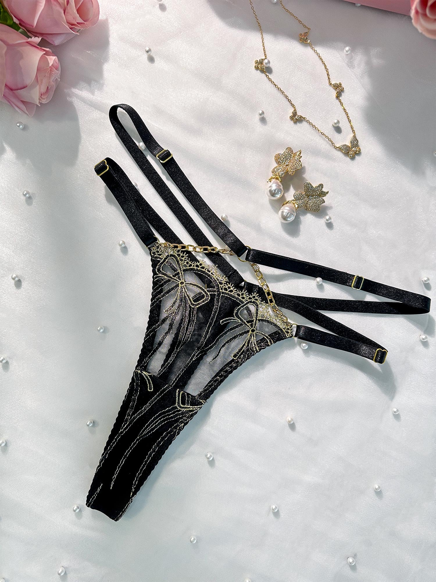 Black Gold-threaded Butterfly Bow Thong