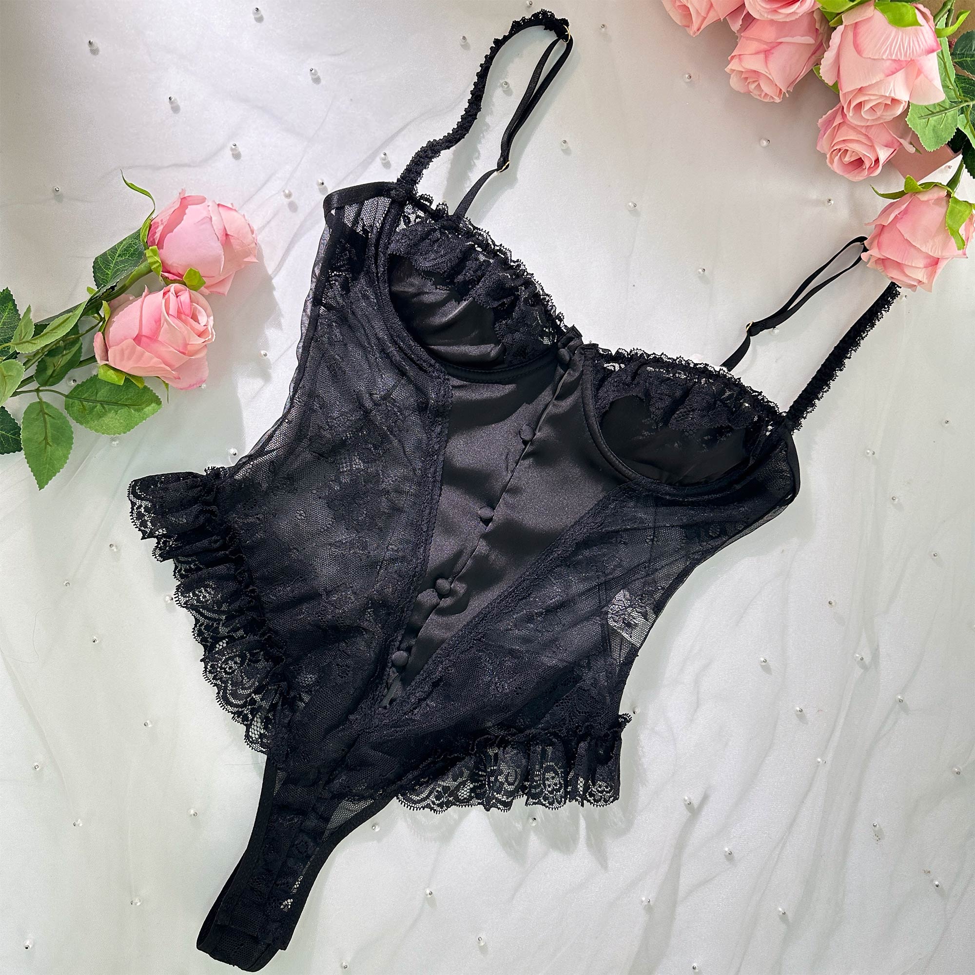 Black Lace Stain Corset Bodysuit - Image 3