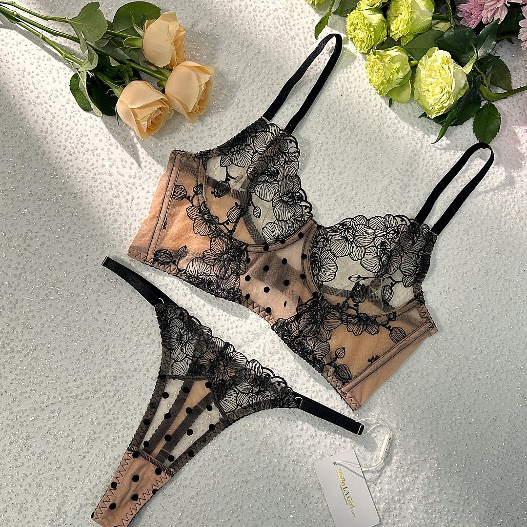 Black Orchid Embroidery & Dot Mesh Longline Lingerie Set - Image 5