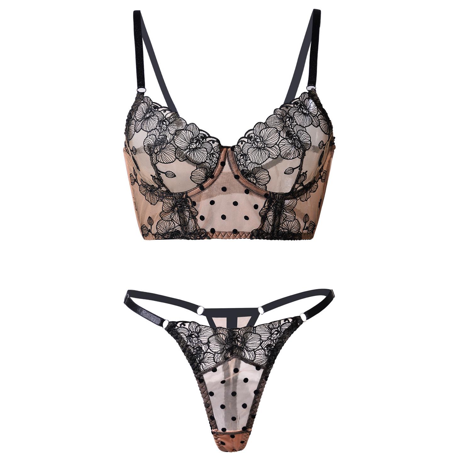 Black Orchid Embroidery & Dot Mesh Longline Lingerie Set - Image 6