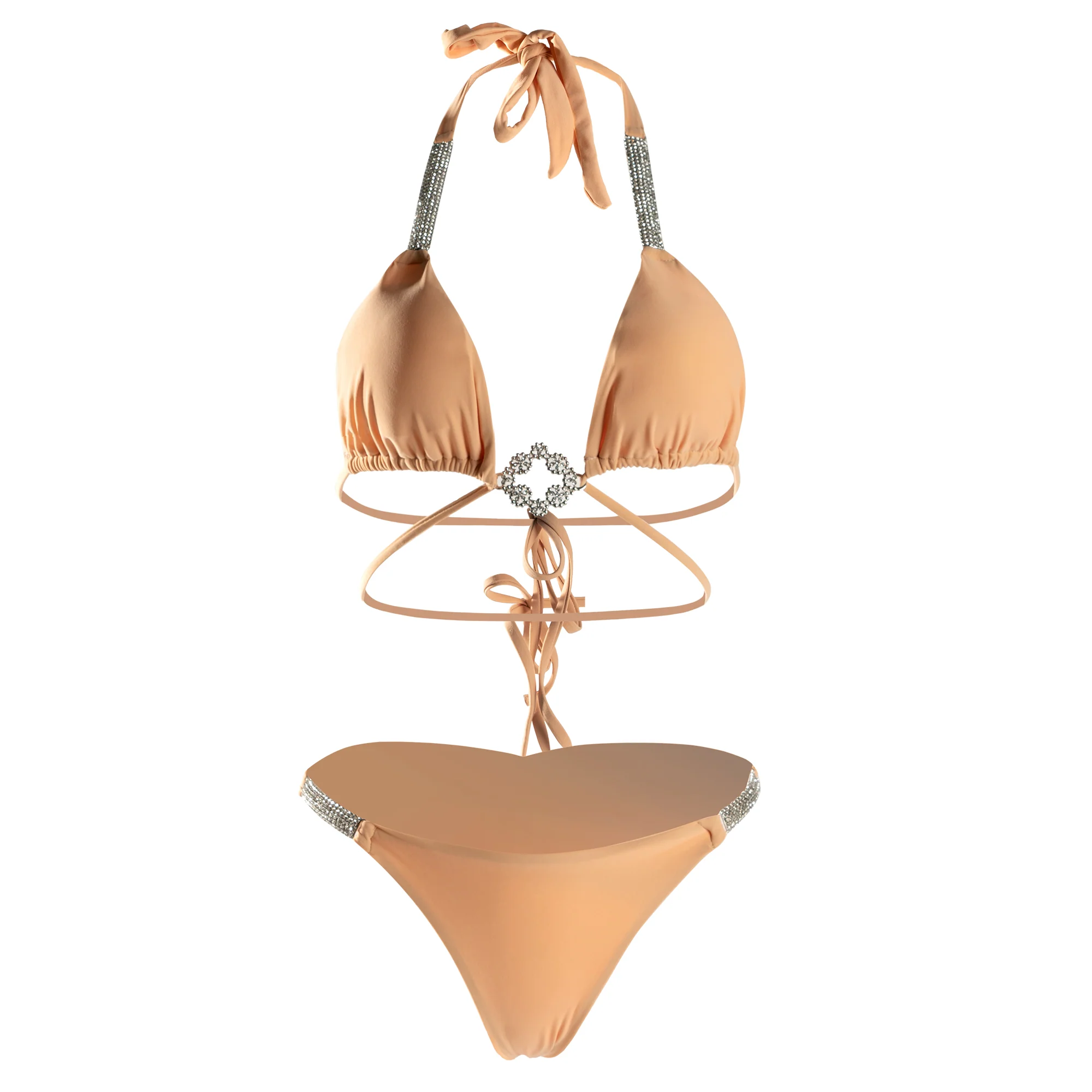Apricot Luxury Rhinestone Ruched Bottom Solid Halter bikini Set - Image 5