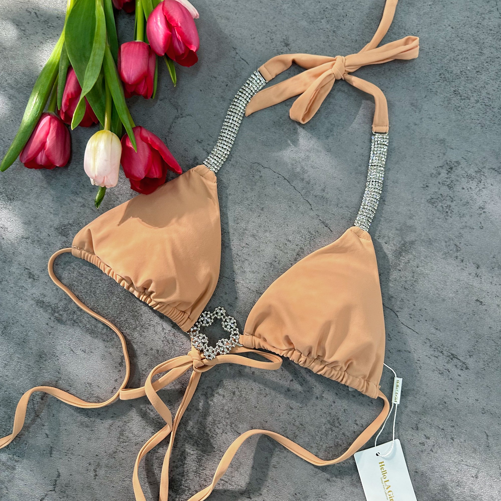 Apricot Luxury Rhinestone Ruched Bottom Solid Halter bikini Set - Image 9