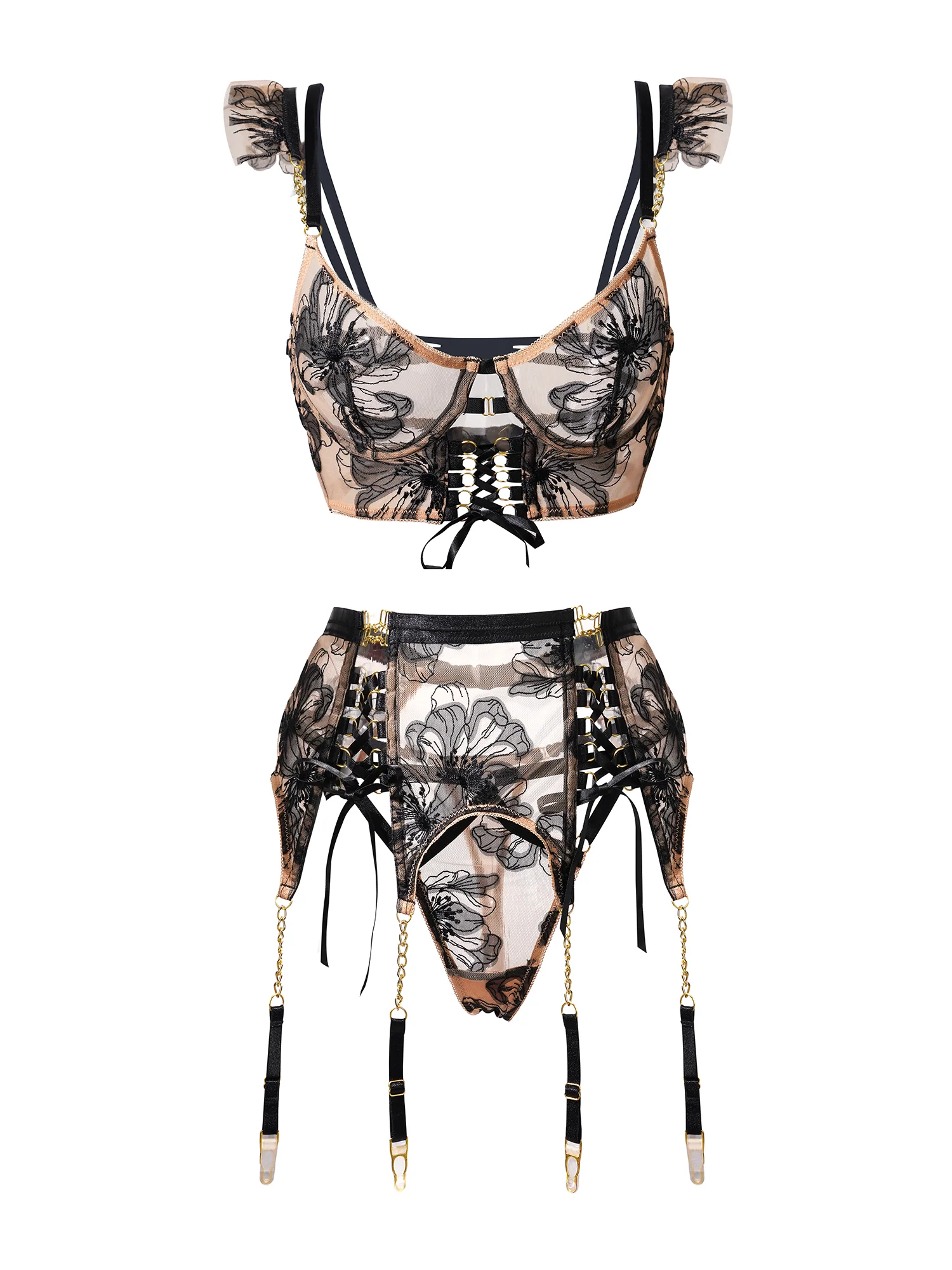 Black&Nude Ribbon Sculpting Body Lingerie Set - Image 3