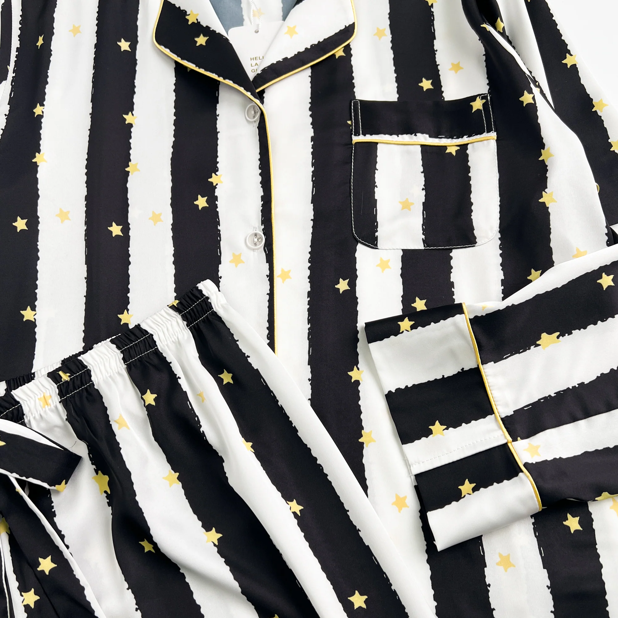 Black Stripe Golde Stars Print Silky Satin Pajamas Set - Image 12