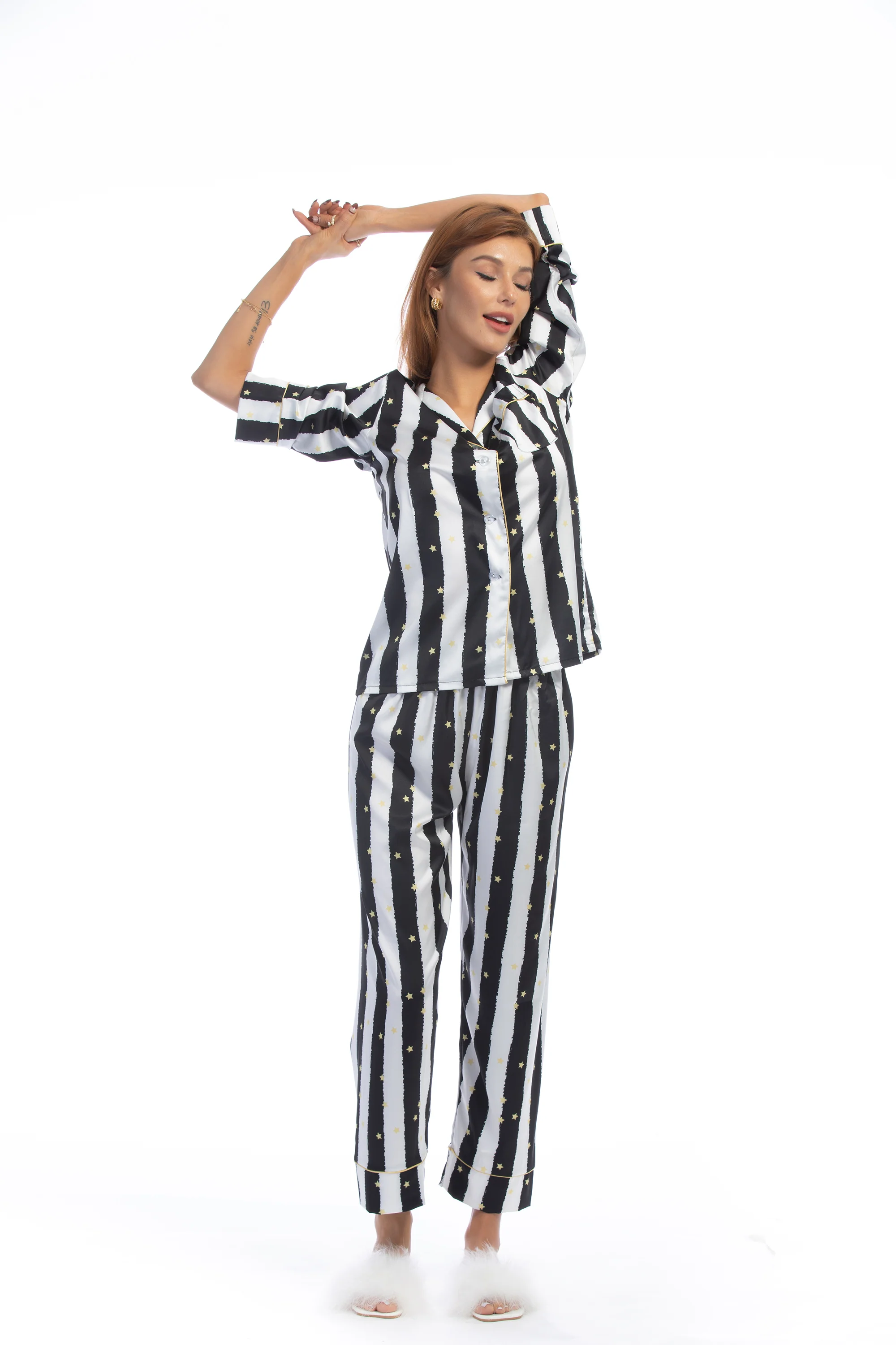 Black Stripe Golde Stars Print Silky Satin Pajamas Set - Image 15