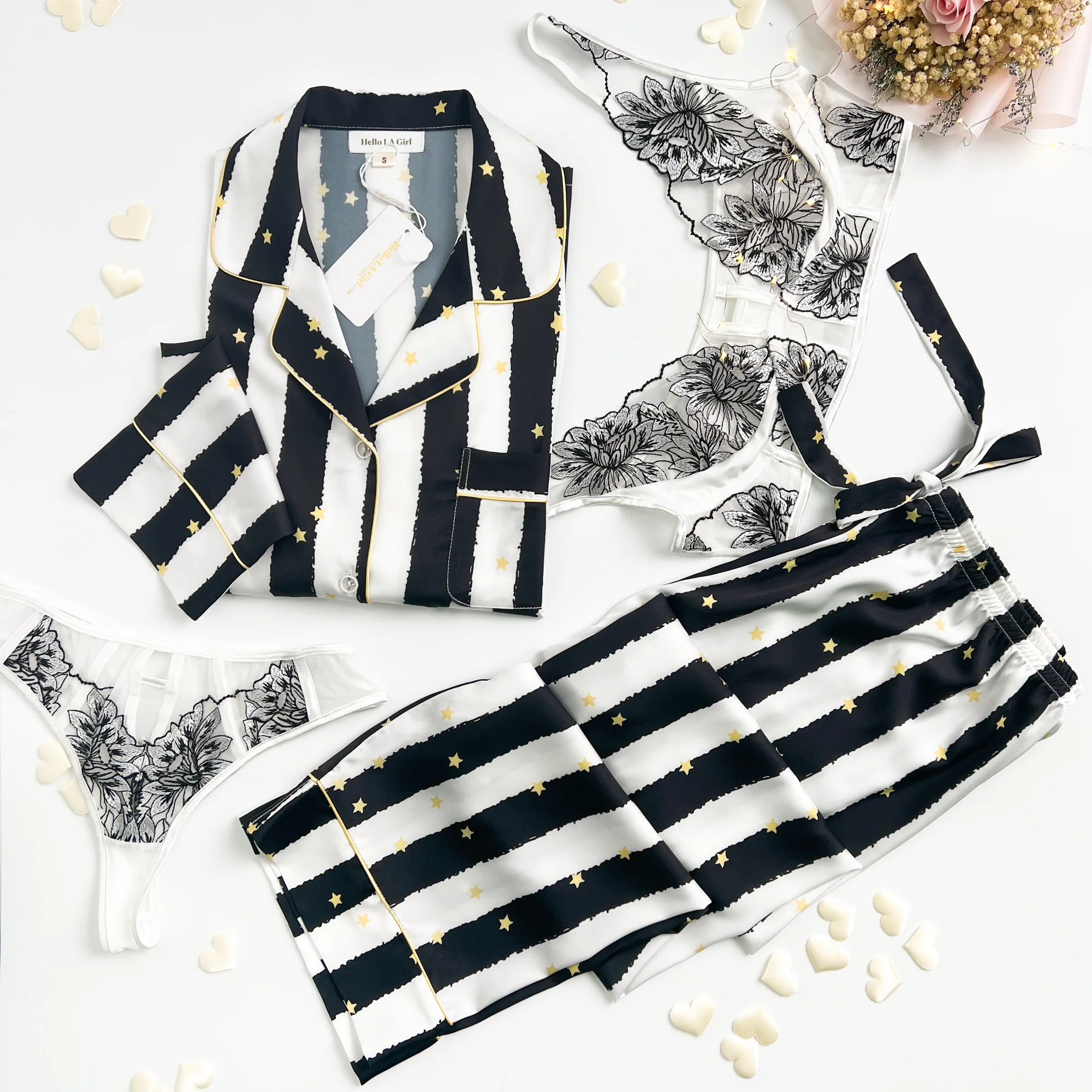 Black Stripe Golde Stars Print Silky Satin Pajamas Set - Image 3