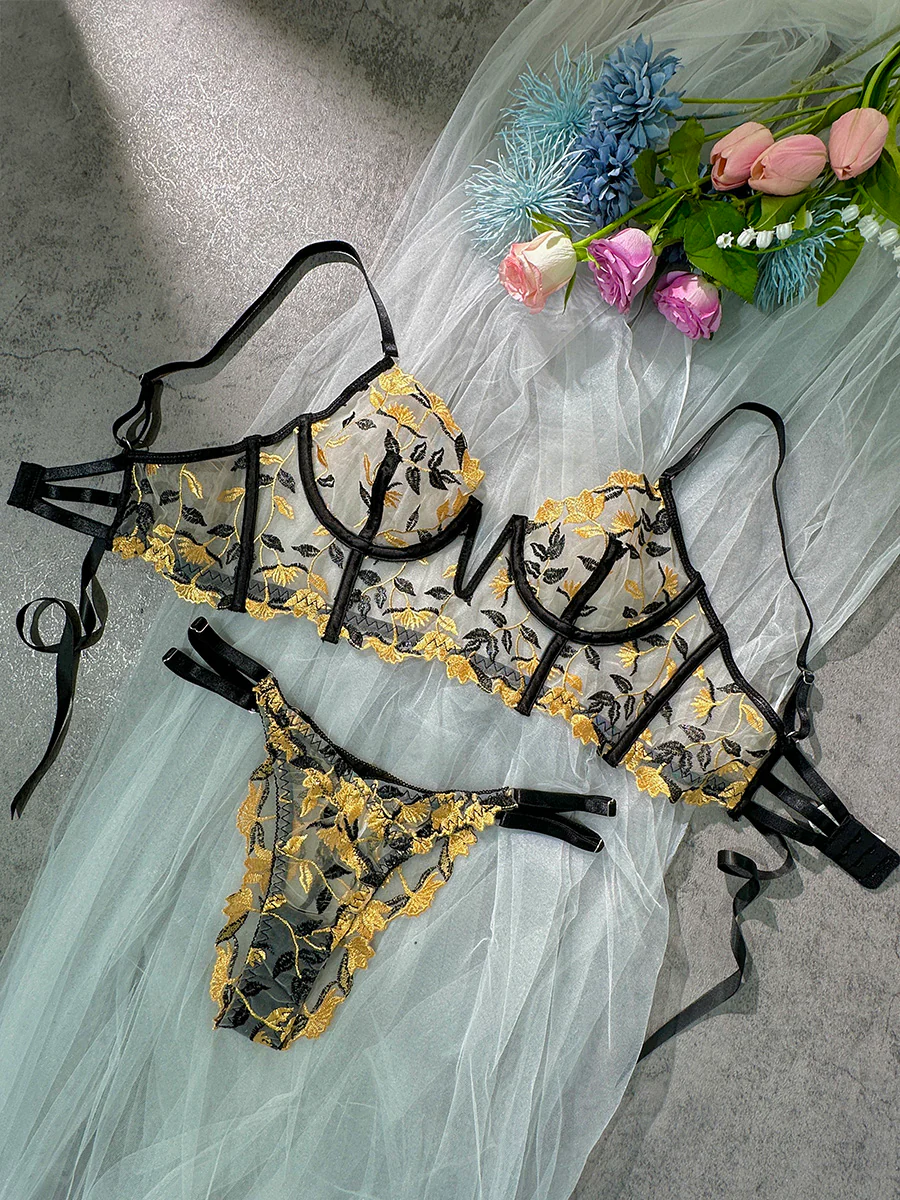 Black Embroidered Corset & Panty Lingerie Set - Image 11