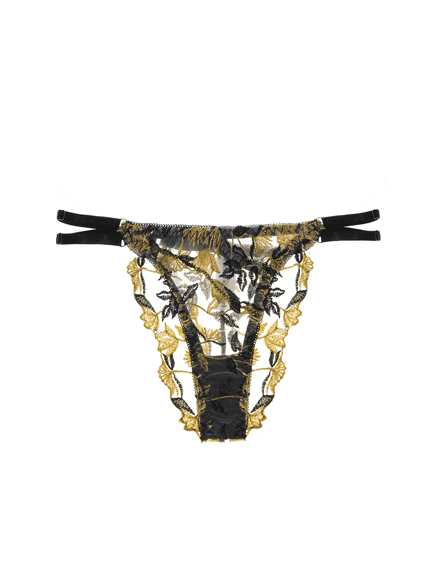 Black & Yellow Embroidered Thong