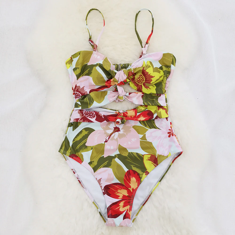 Blooming Floral Print Tie Front Tube One-piece Swimsuit - Image 6