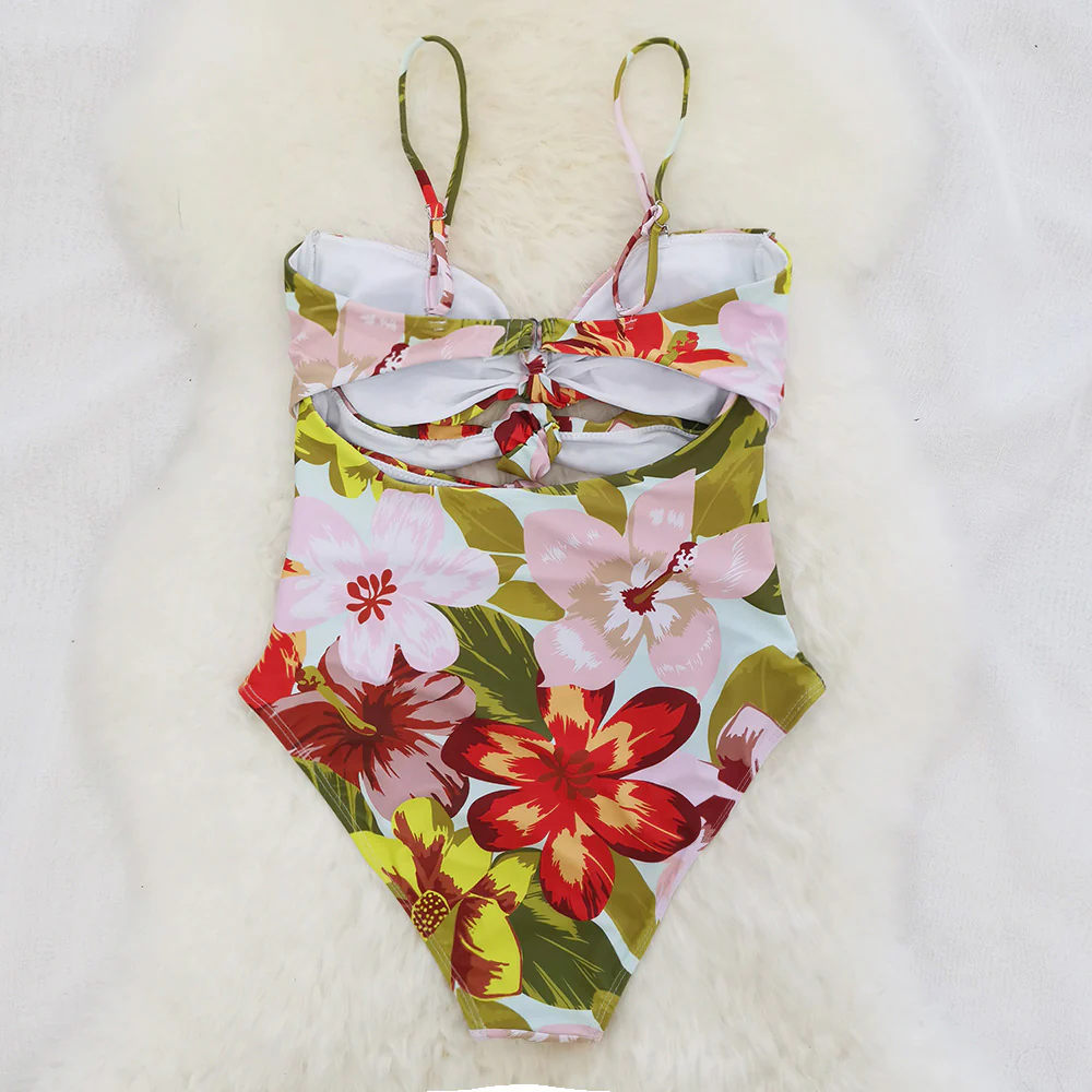 Blooming Floral Print Tie Front Tube One-piece Swimsuit - Image 7