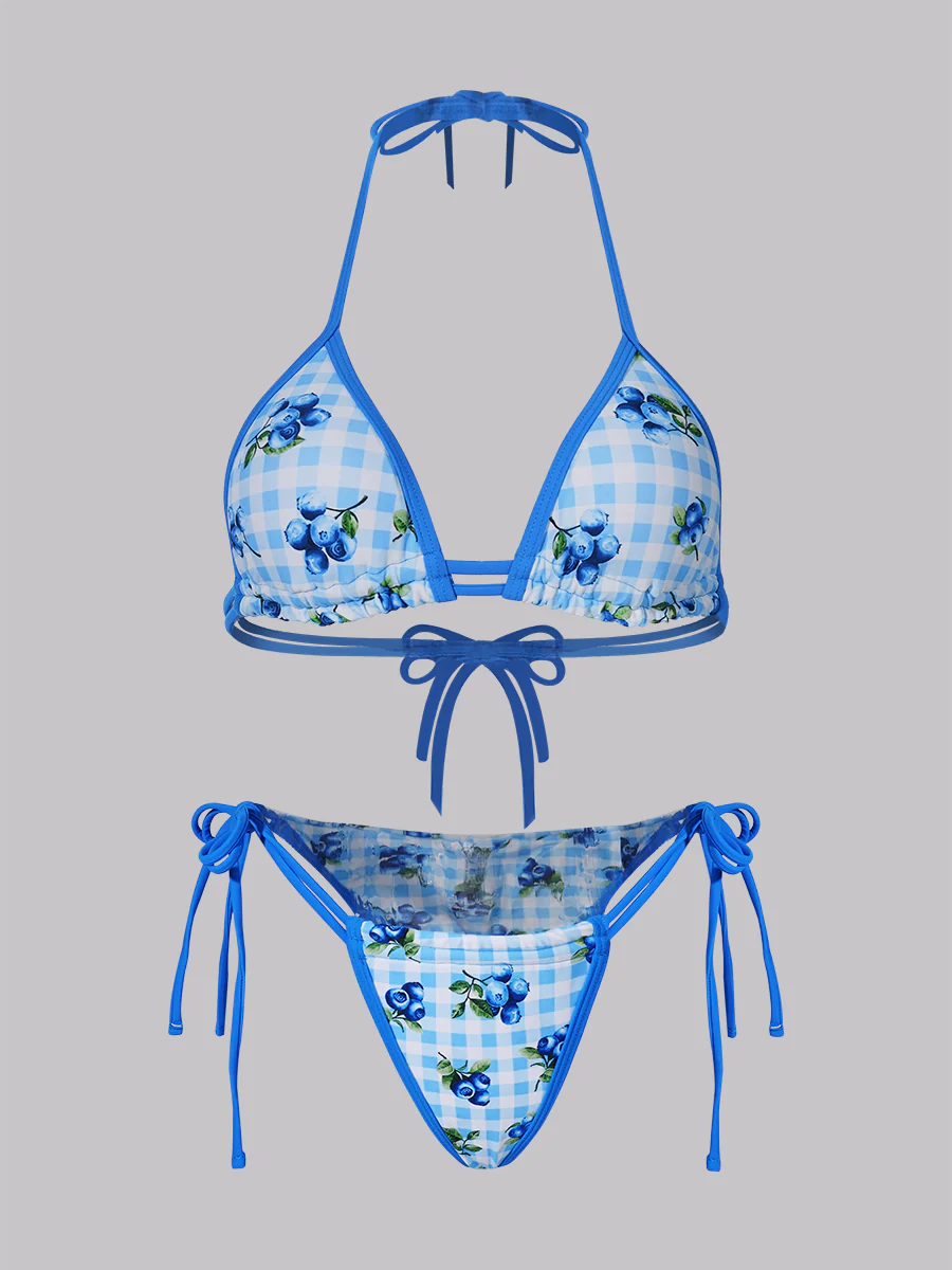 Blue Blueberry Print Double Fabric Bikini Set - Image 4
