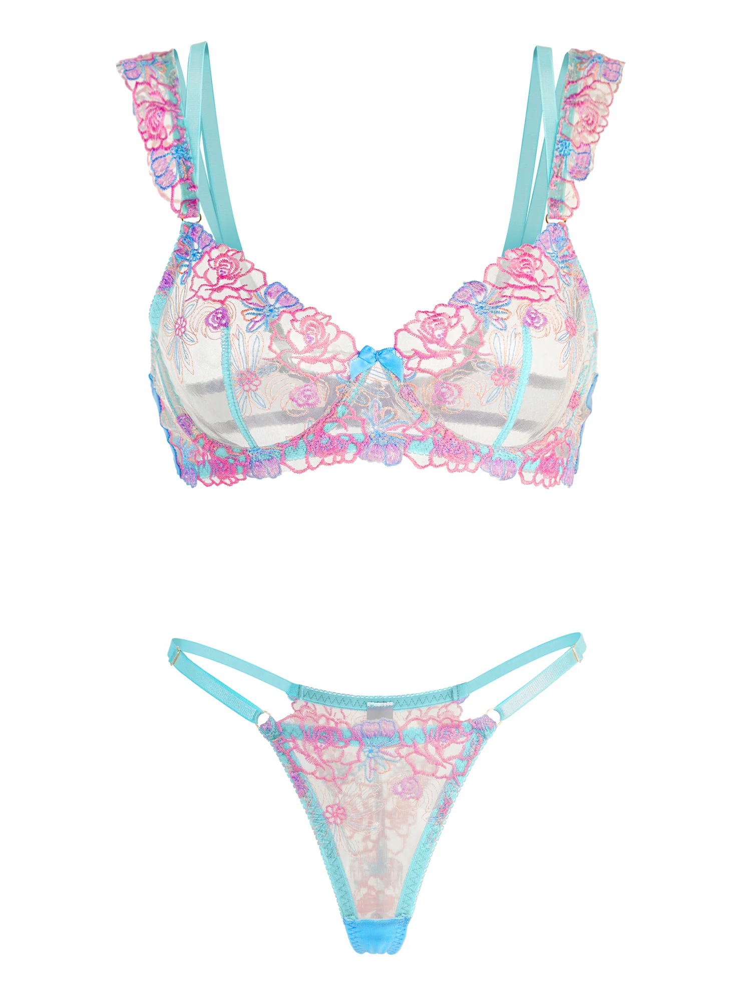 Blue Butterfly Bow Colorful Embroidered Flower Lingerie Set - Image 7