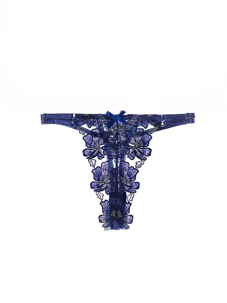 Blue Floral Embroidered Mesh Sheer Thong - Image 4