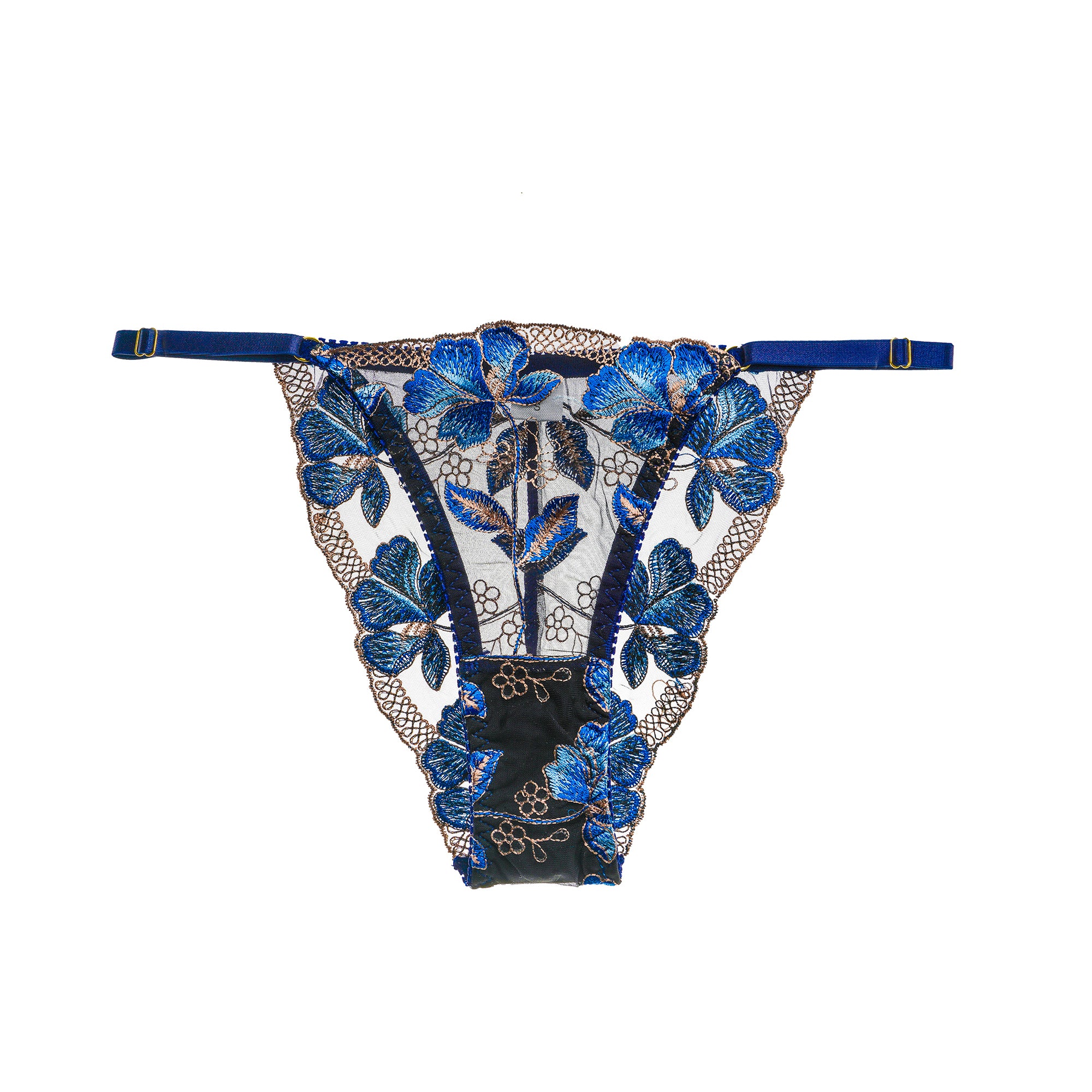Blue Floral Embroidered Mesh Thong