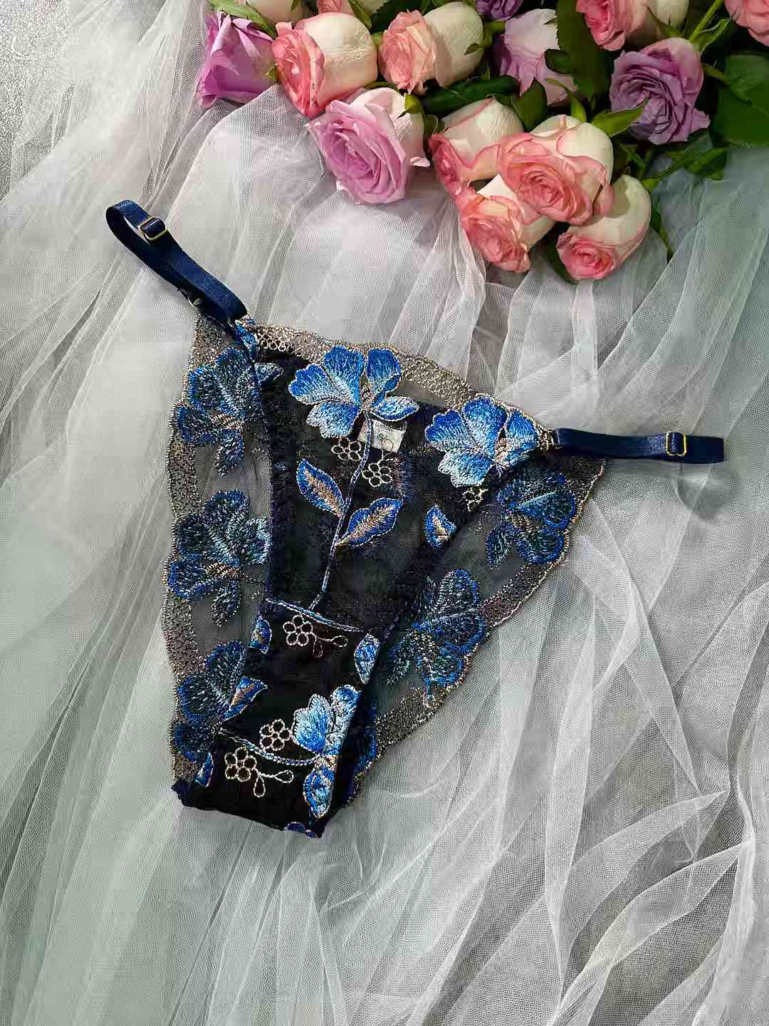 Blue Floral Embroidered Mesh Thong - Image 3