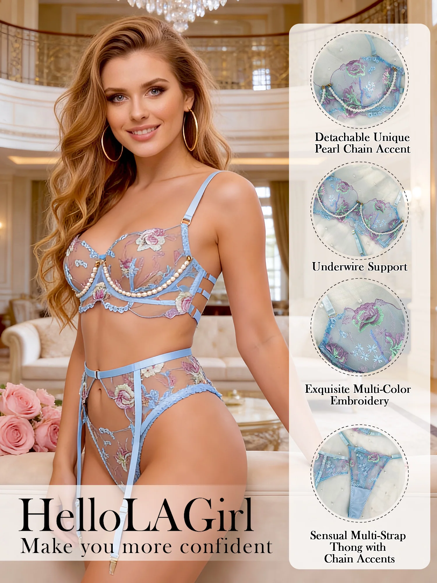 Blue Floral Embroidery Pearl Chain Lingerie Set - Image 10