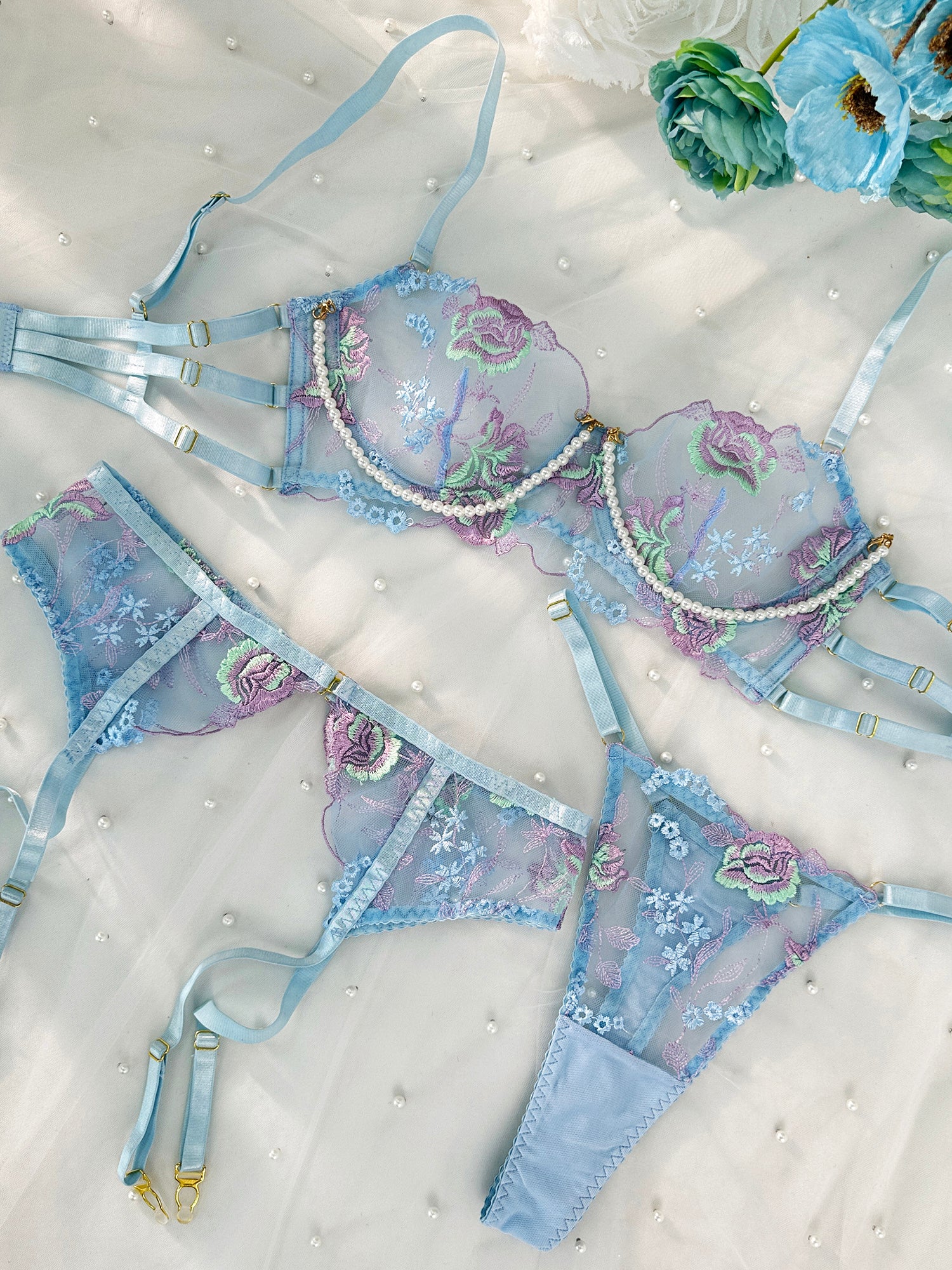 Blue Floral Embroidery Pearl Chain Lingerie Set - Image 20