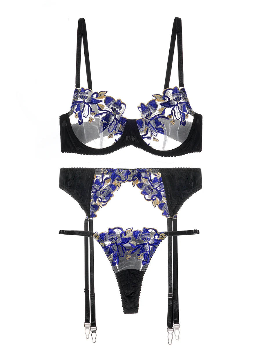 Blue Floral Embroidery Stain Lingerie Set - Image 2
