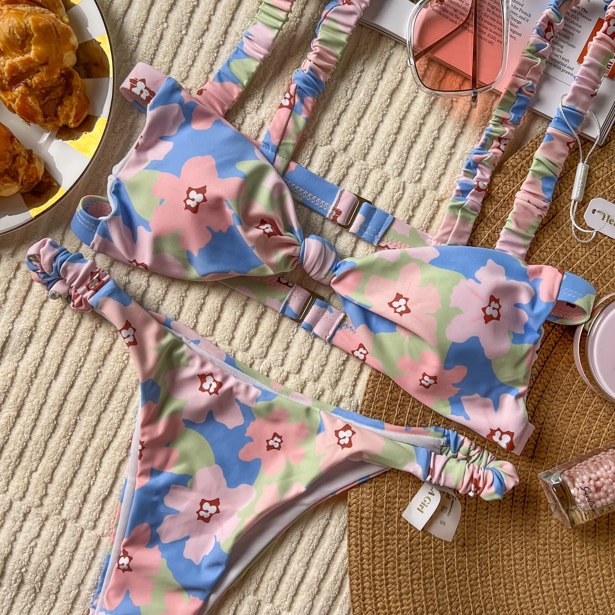 Blue Floral Print Bandeau Bikini Set - Image 3