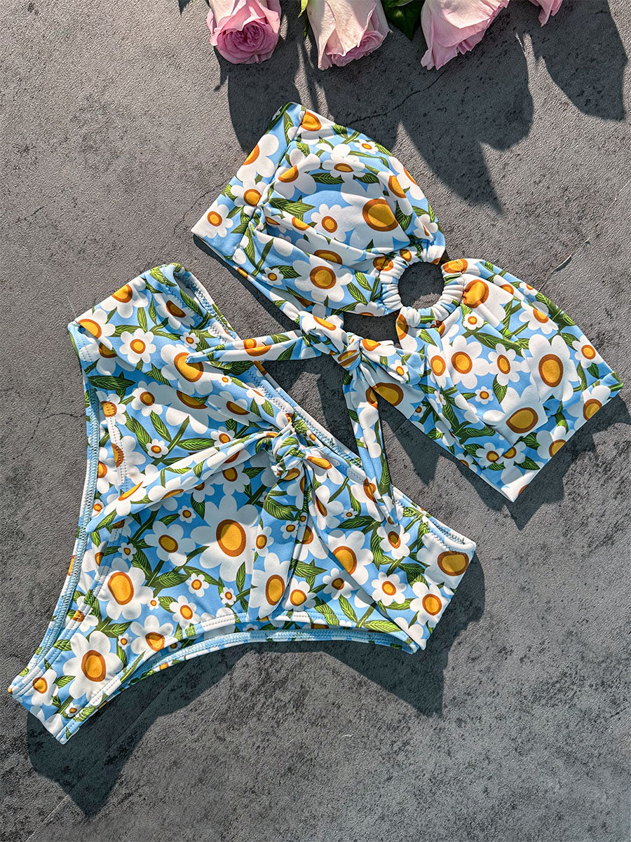 Blue Floral Print Double layer High-Waisted Bikini Set - Image 6