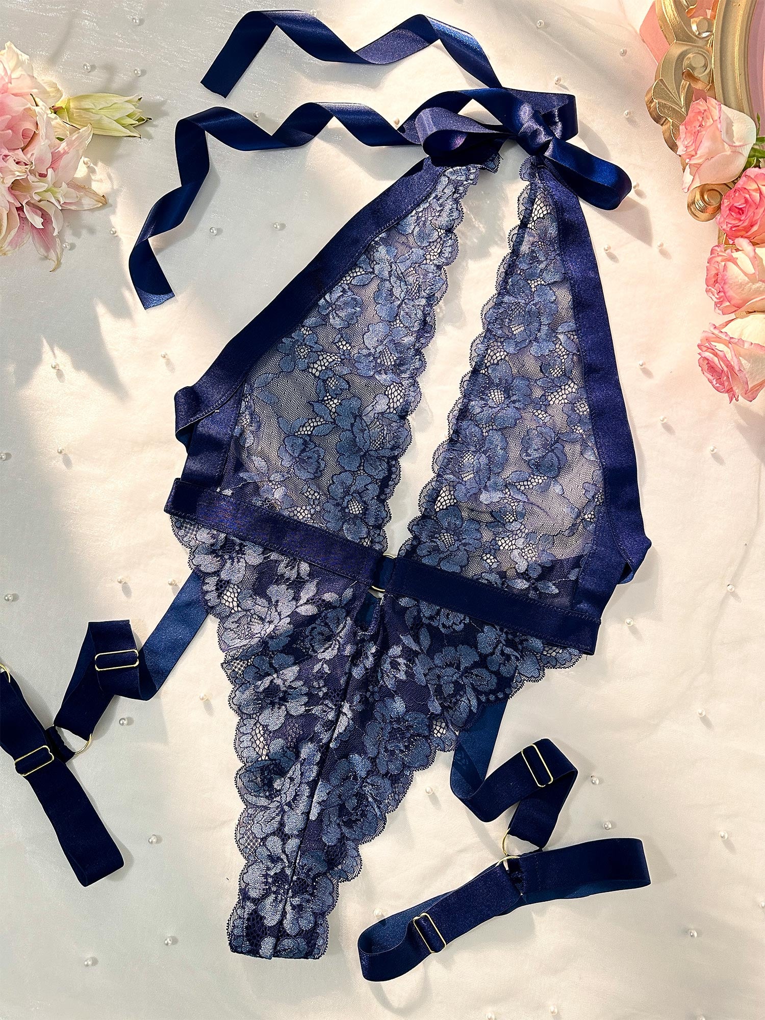Blue Sexy Lace Suspenders Shapewear - Image 10