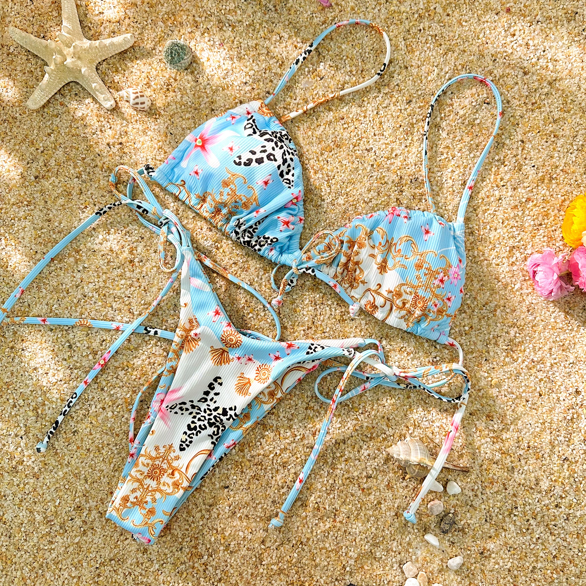 Blue Adjustable V-shaped Panties Bikini Set