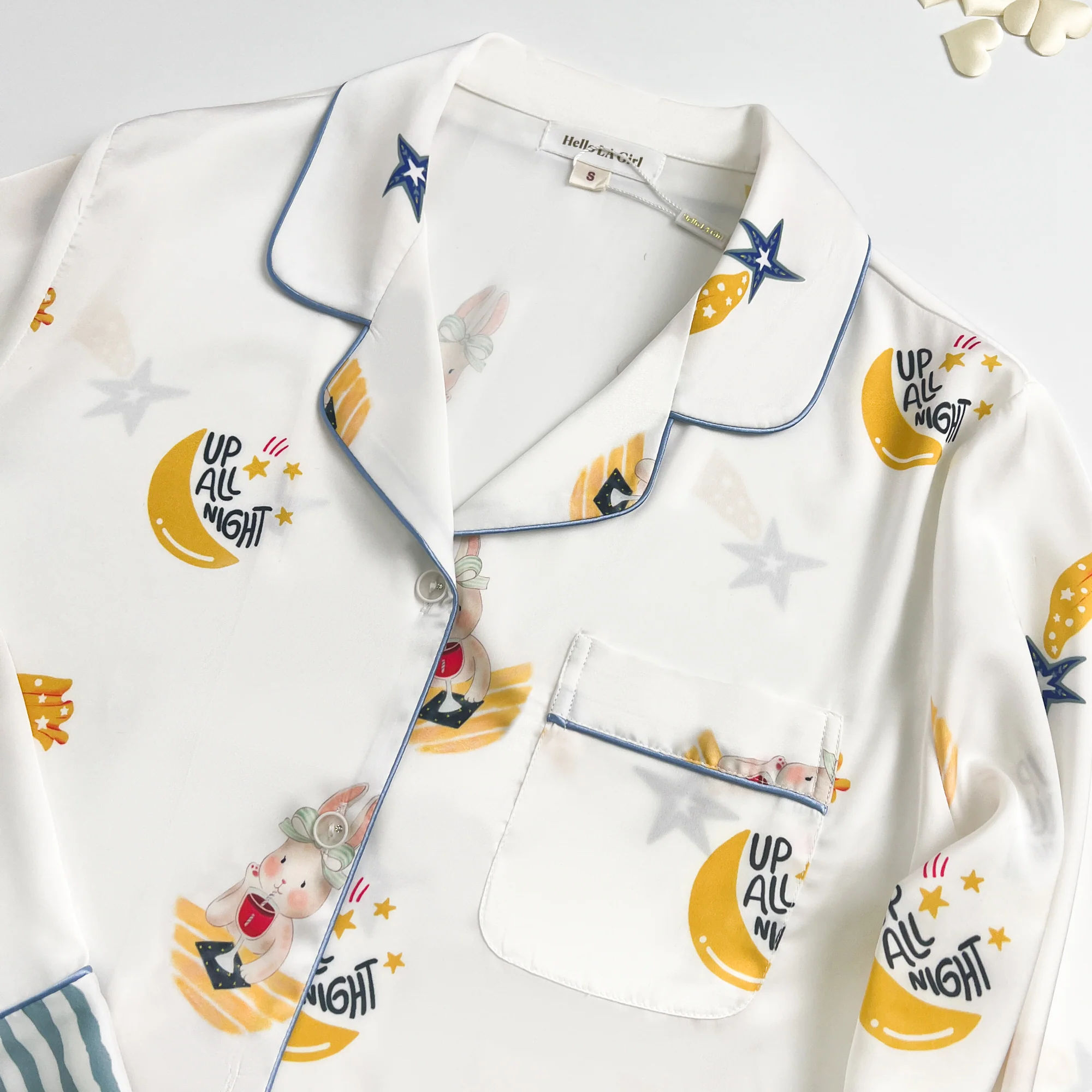 Blue Stripe Cartoon Print Silky Satin Pajamas Set - Image 12