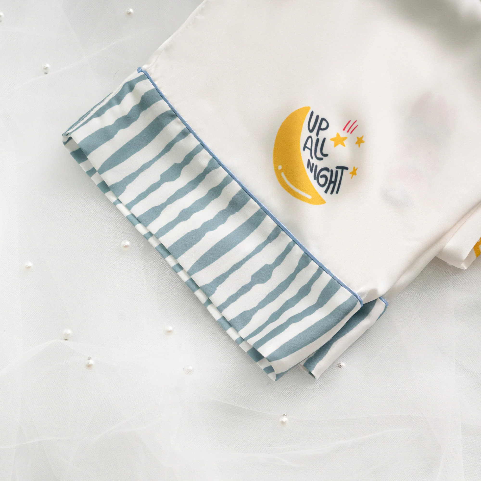 Blue Stripe Cartoon Print Silky Satin Pajamas Set - Image 9