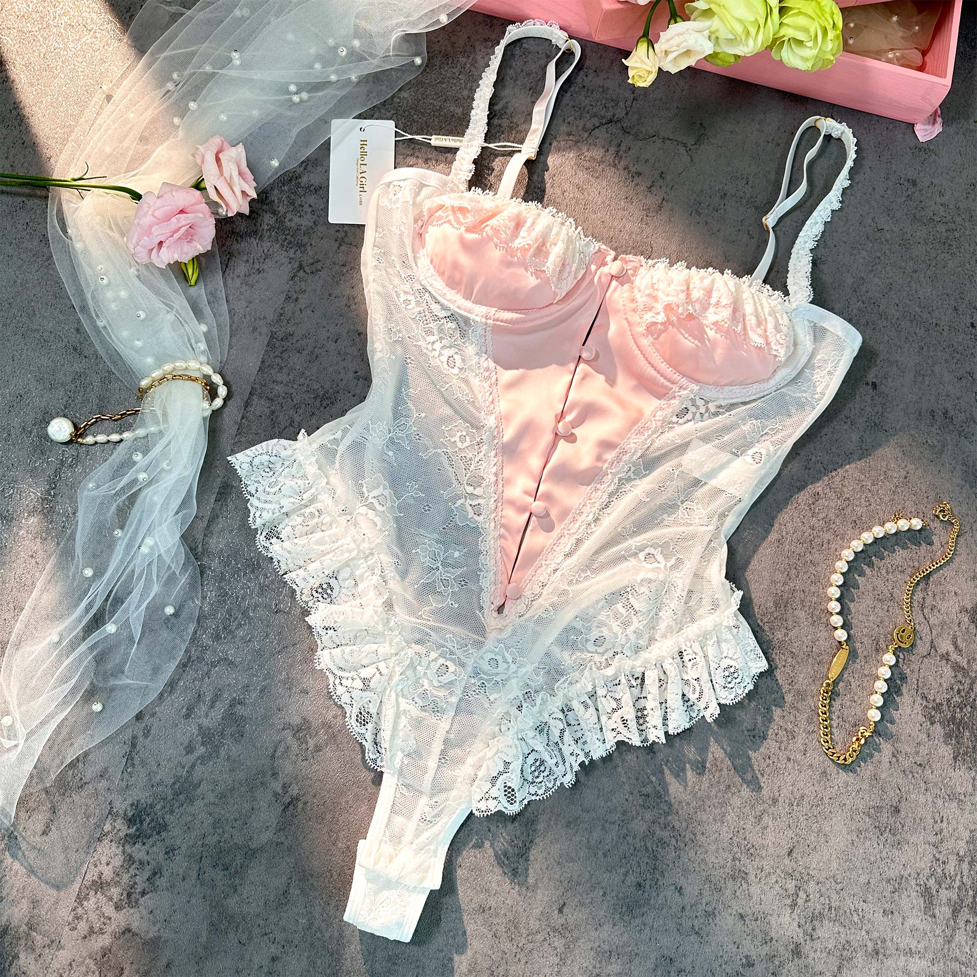 Blush Pink Lace Corset Bodysuit - Image 7