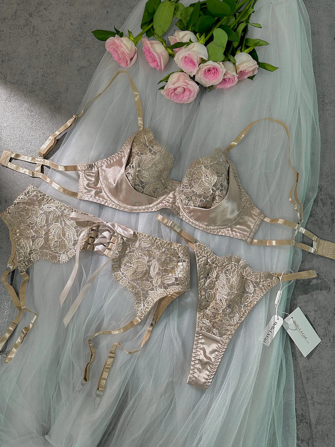 Champagne Gold Floral Lace Thong - Image 2
