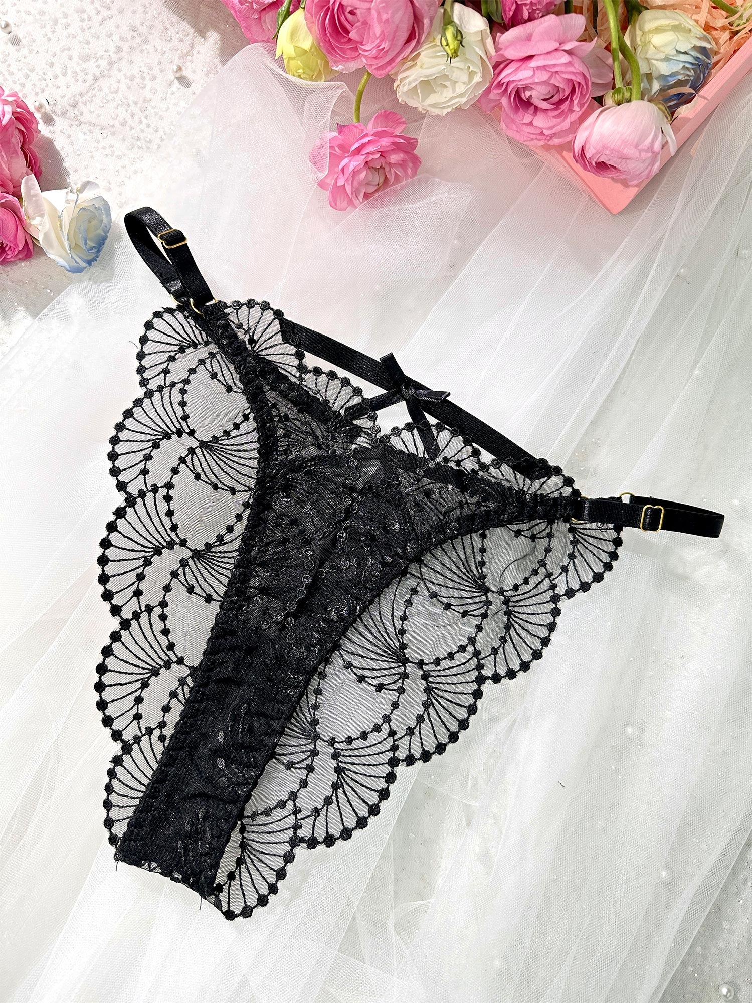Black Embroidered Thong