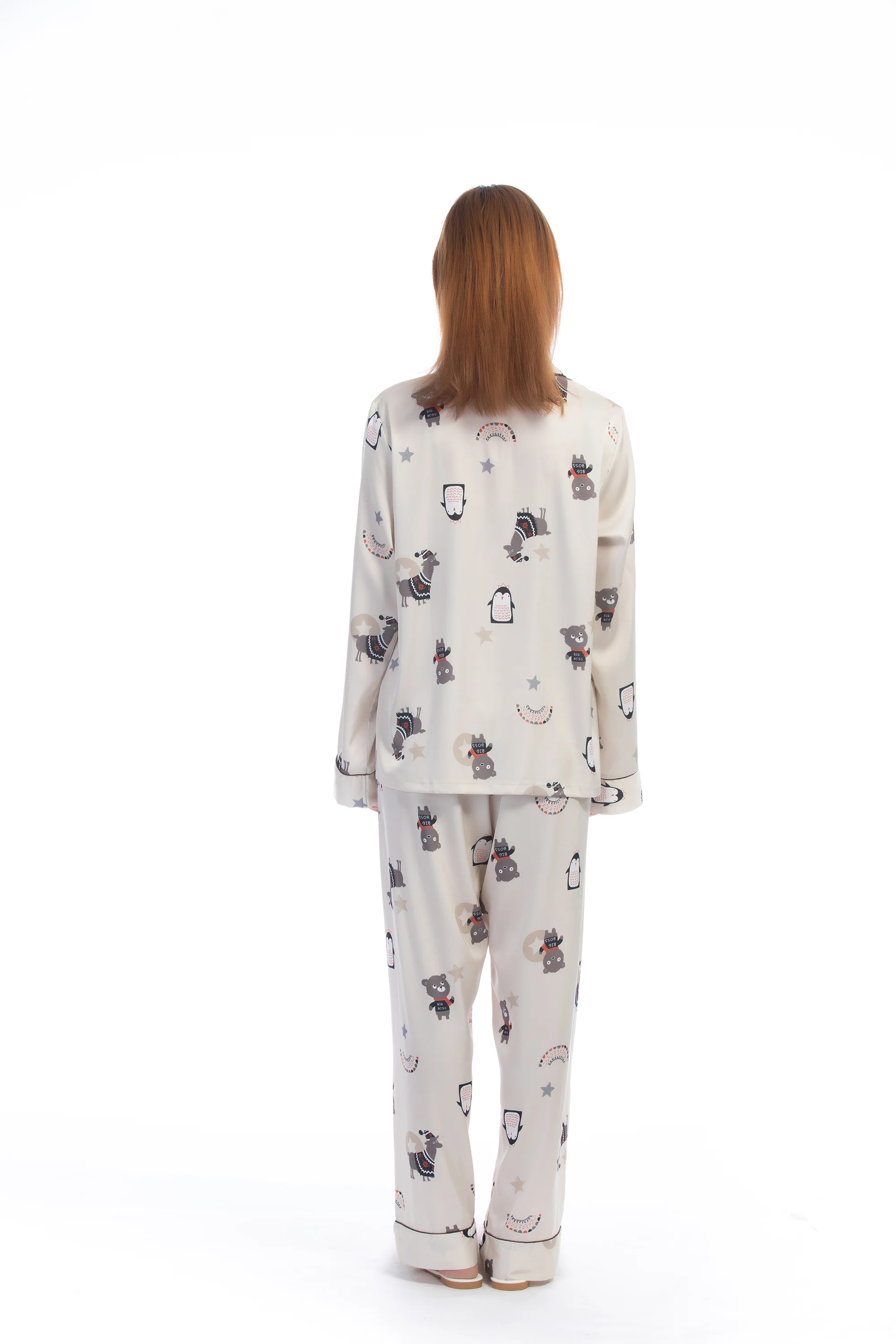 Cute Animal Print White Silky Satin Pajamas Set - Image 5