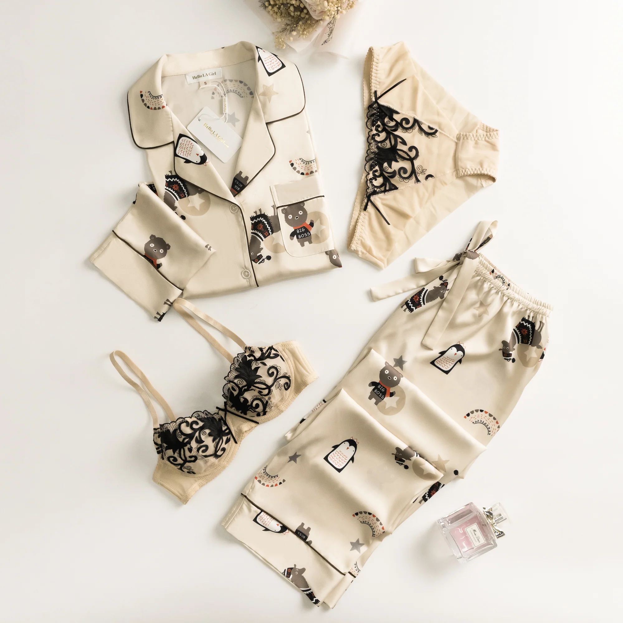 Cute Animal Print White Silky Satin Pajamas Set - Image 7