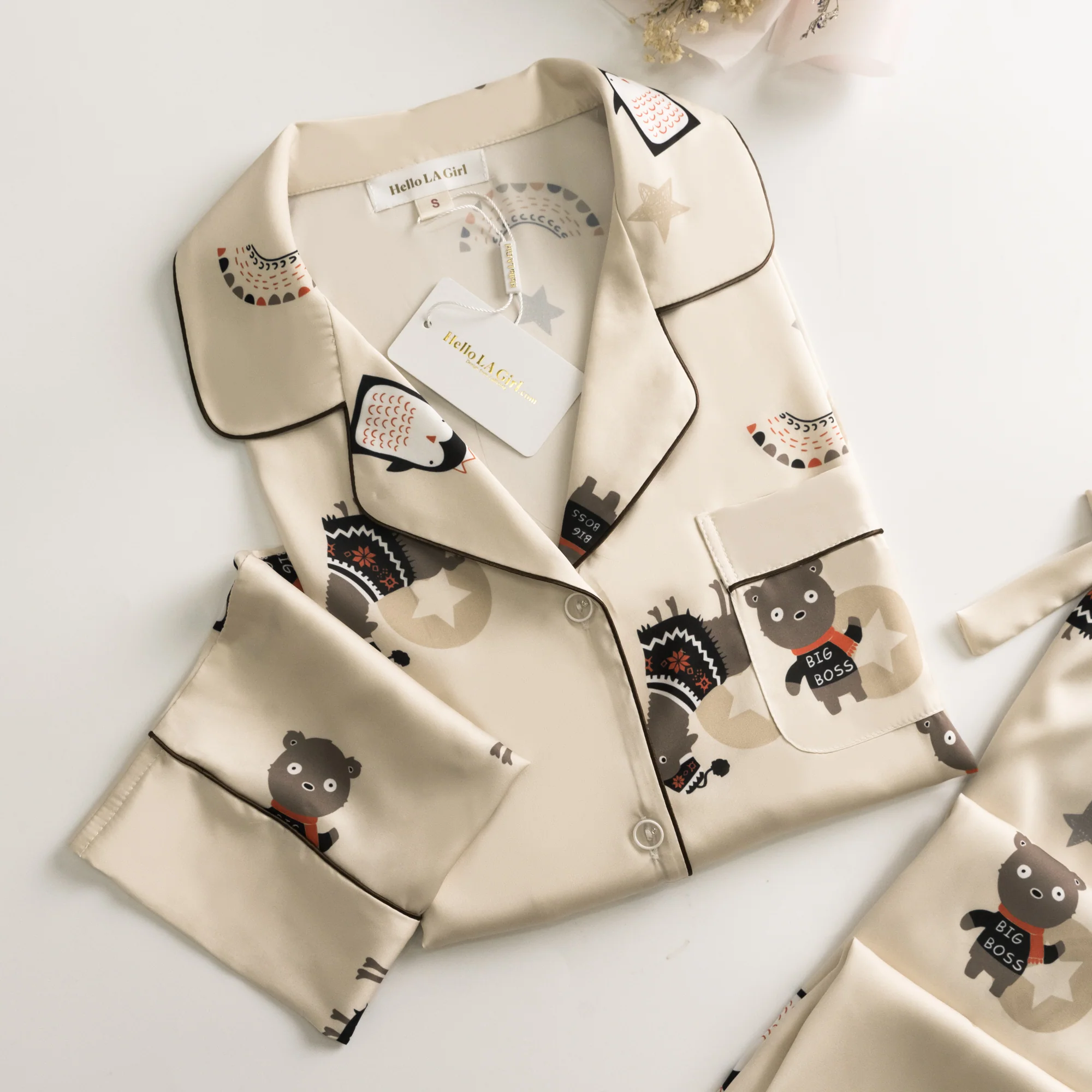 Cute Animal Print White Silky Satin Pajamas Set - Image 9