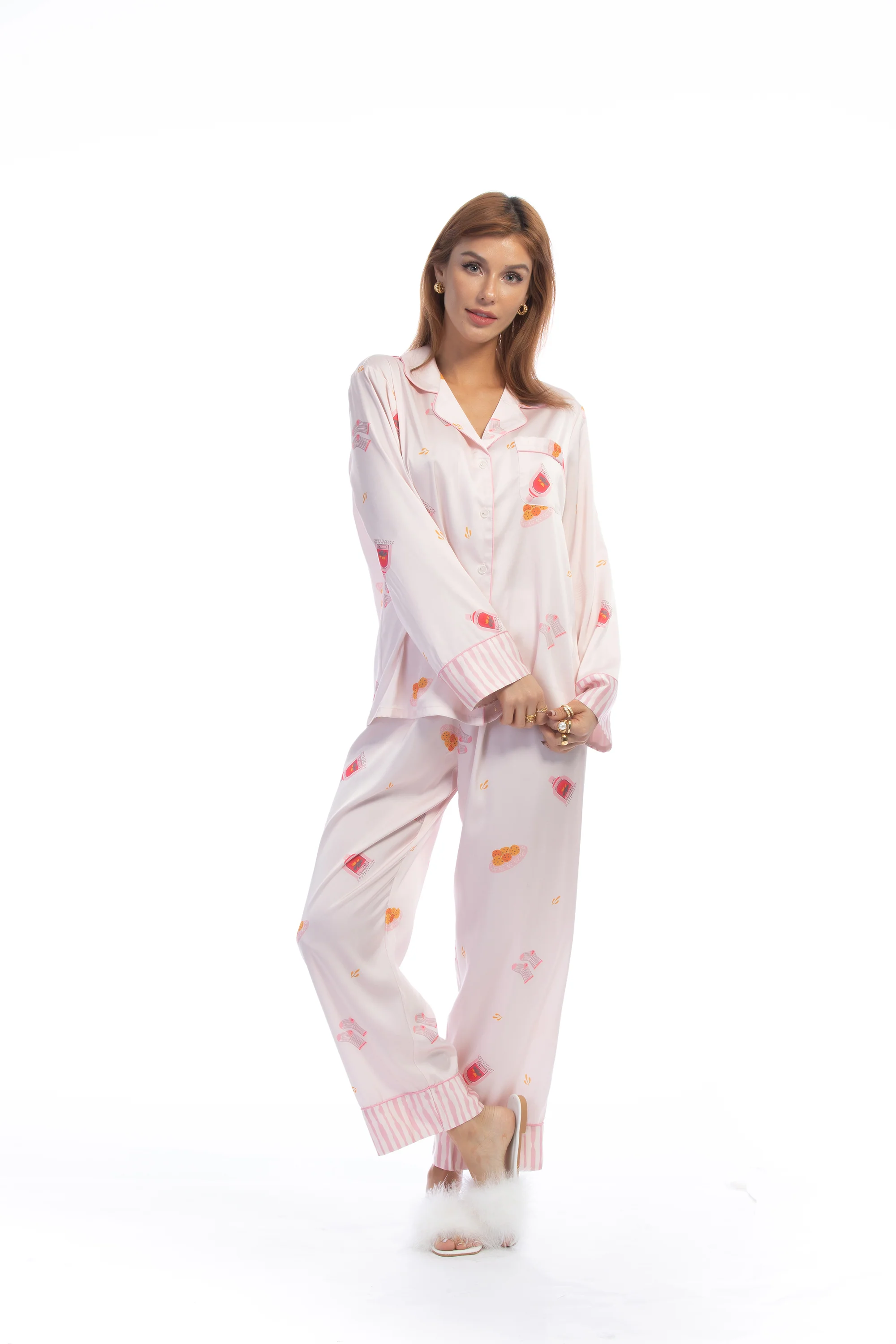 Cute Pink Stripe Pattern Silky Satin Pajamas Set - Image 5