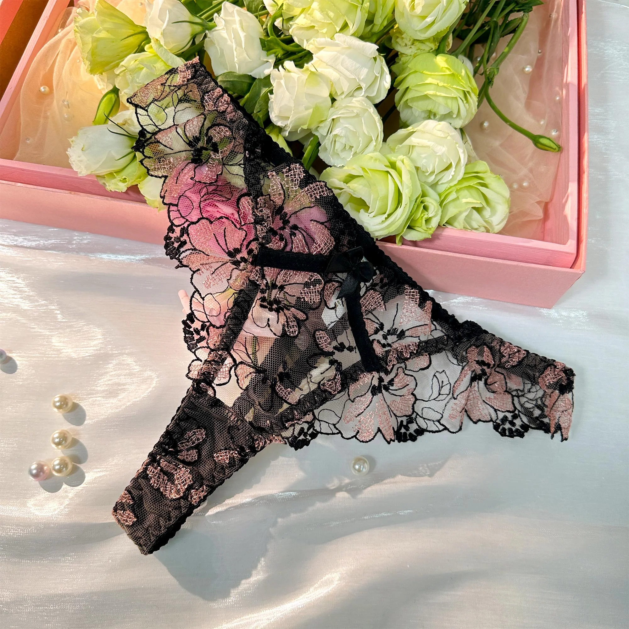 Floral Embroidered Sheer Mesh Thong