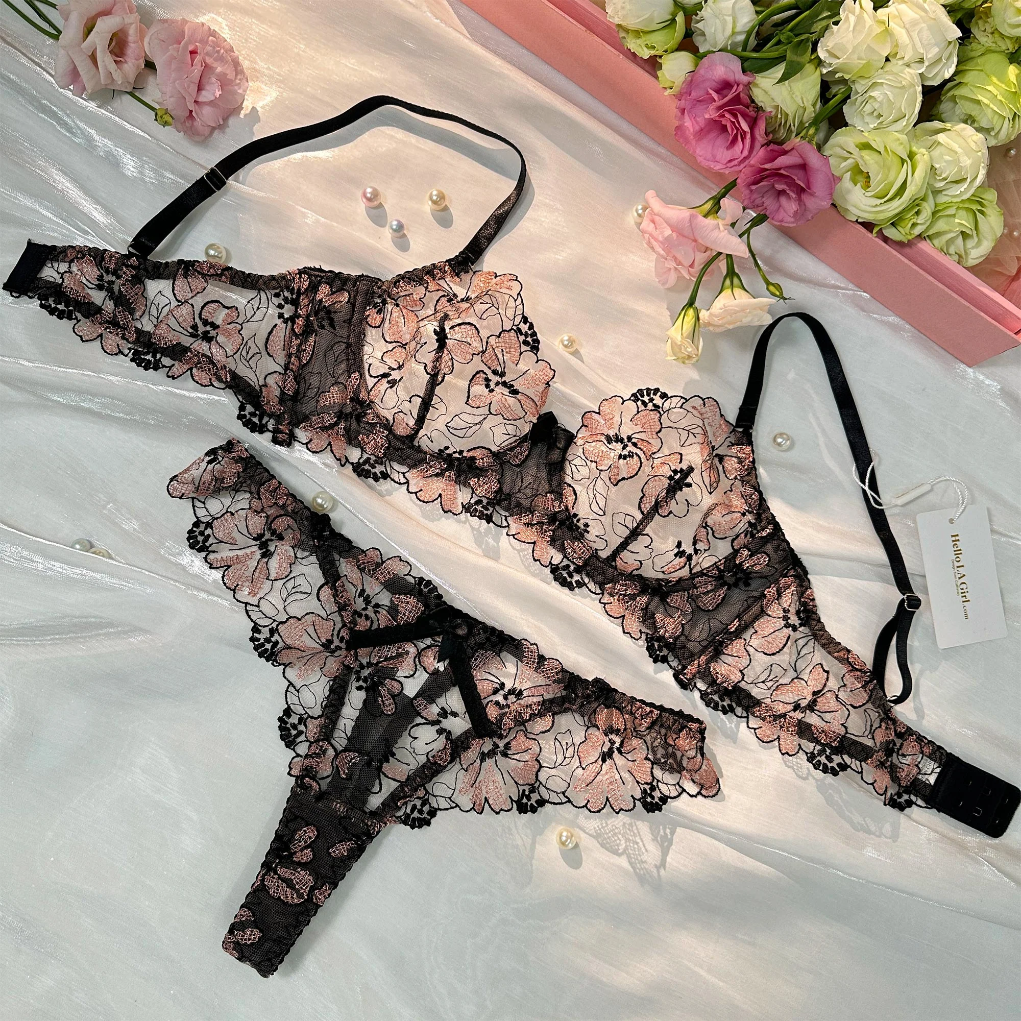 Floral Embroidered Sheer Mesh Thong - Image 2