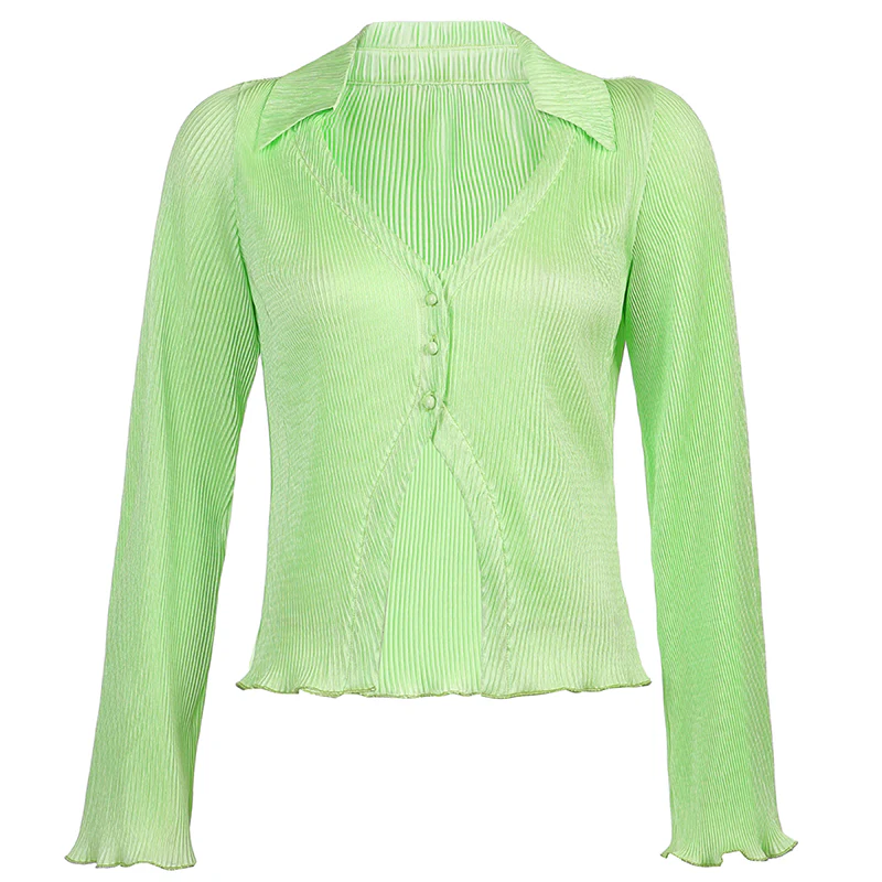 Fluorescent Green Silk Shirt Long Sleeve Top - Image 4