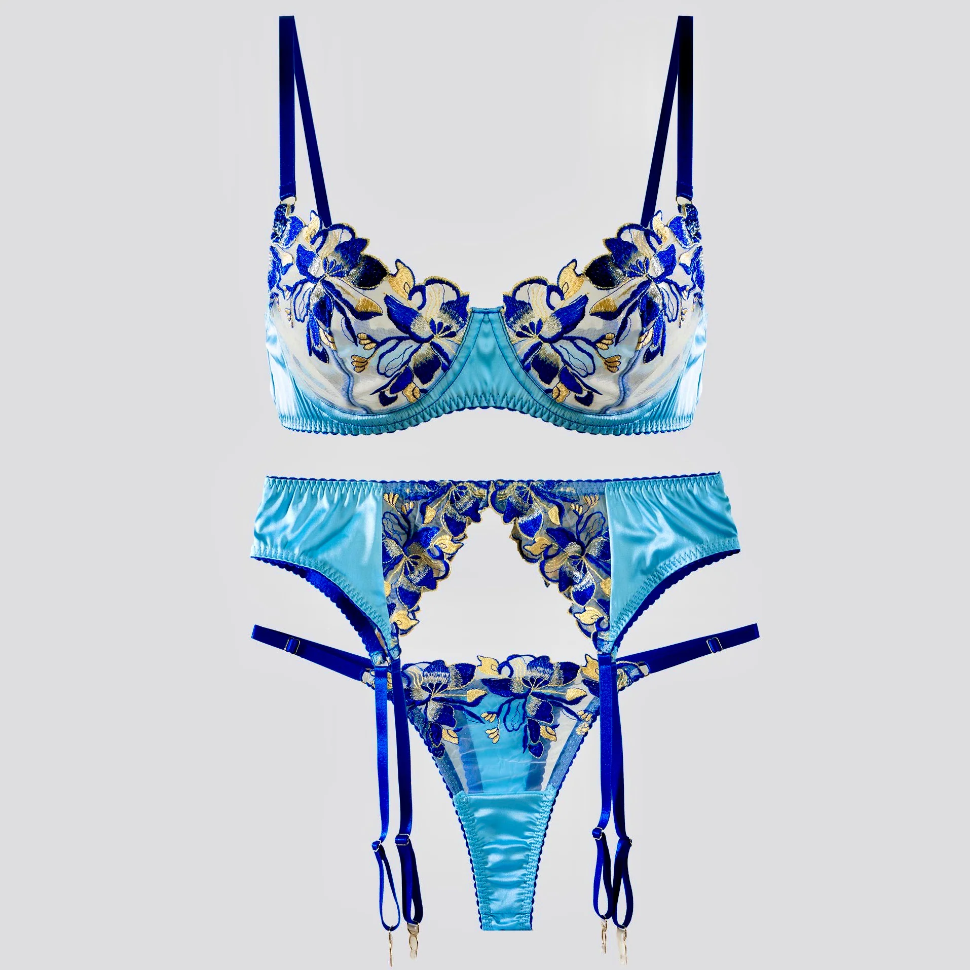 Fresh Blue Satin Embroidered Lingerie - Image 3