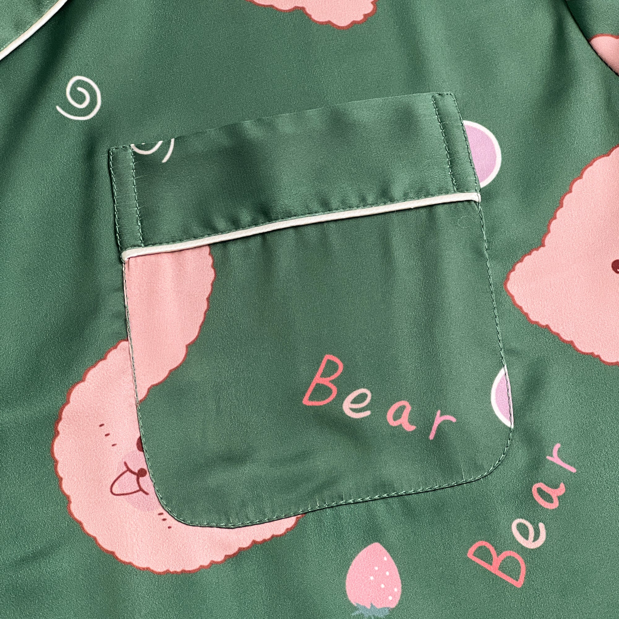 Green Bear Print Silky Satin Pajamas Set - Image 12