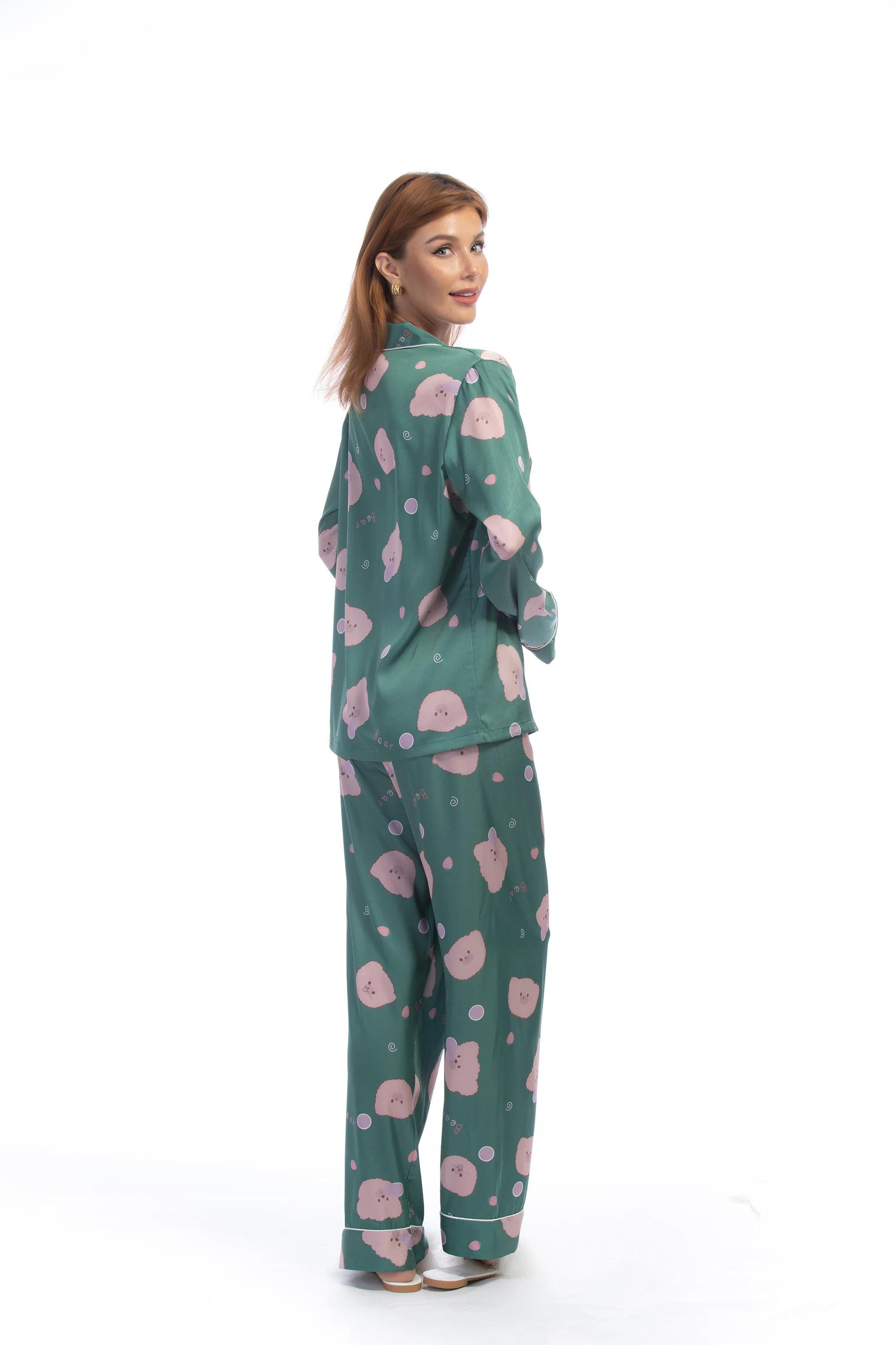 Green Bear Print Silky Satin Pajamas Set - Image 14