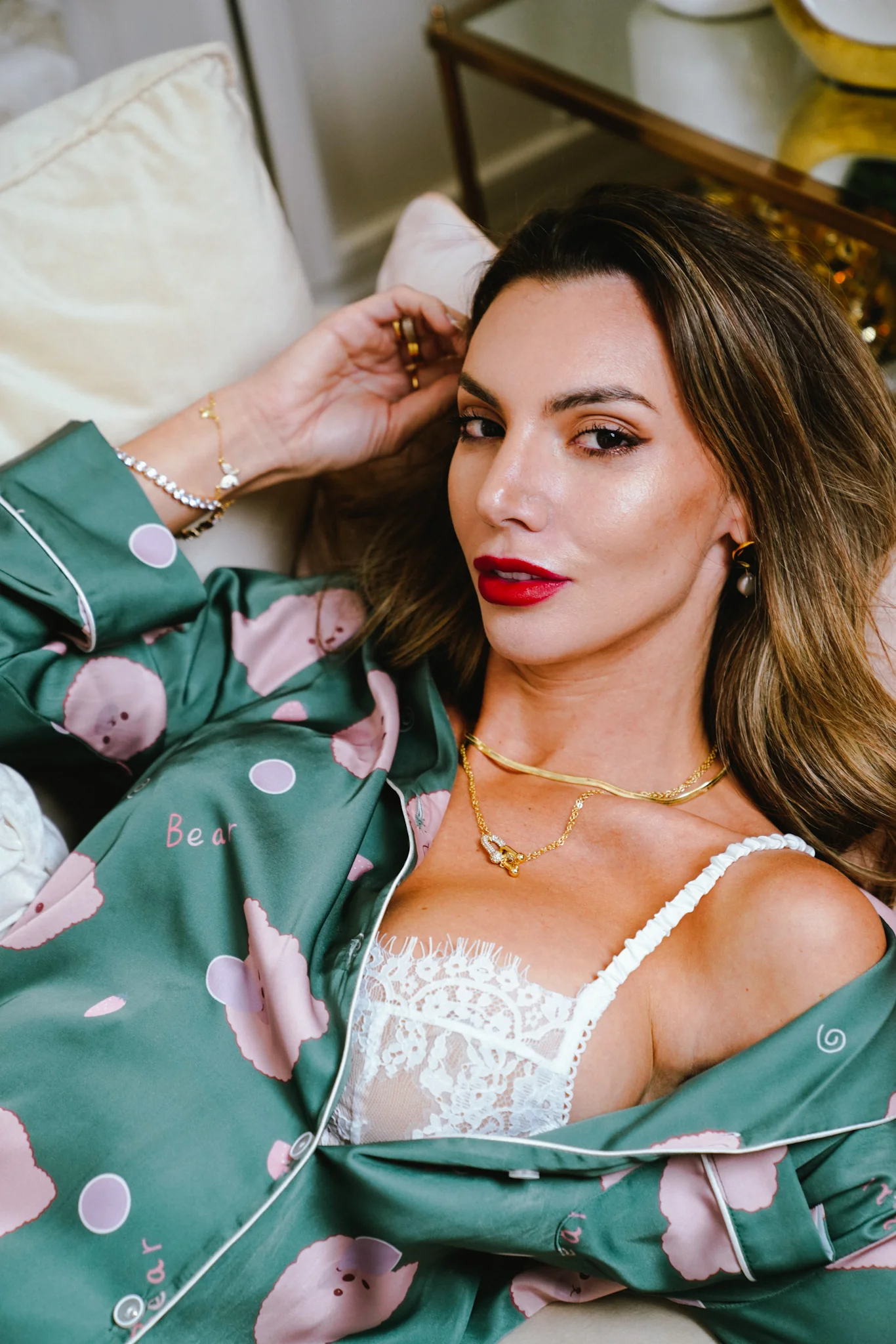 Green Bear Print Silky Satin Pajamas Set - Image 4