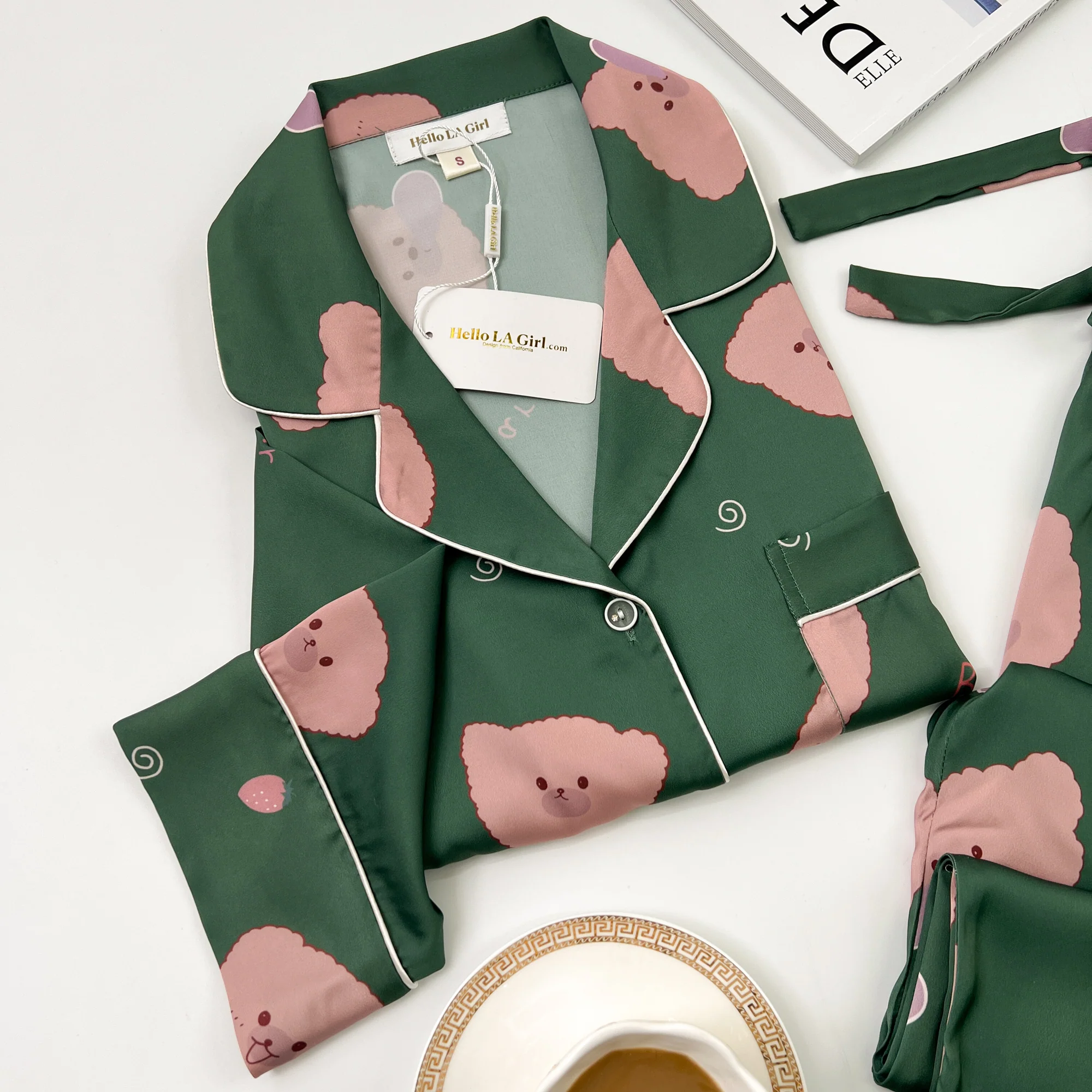Green Bear Print Silky Satin Pajamas Set - Image 5