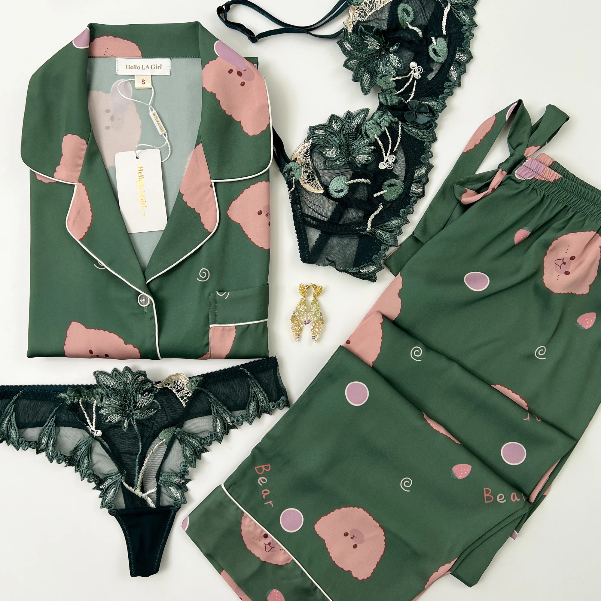 Green Bear Print Silky Satin Pajamas Set - Image 8