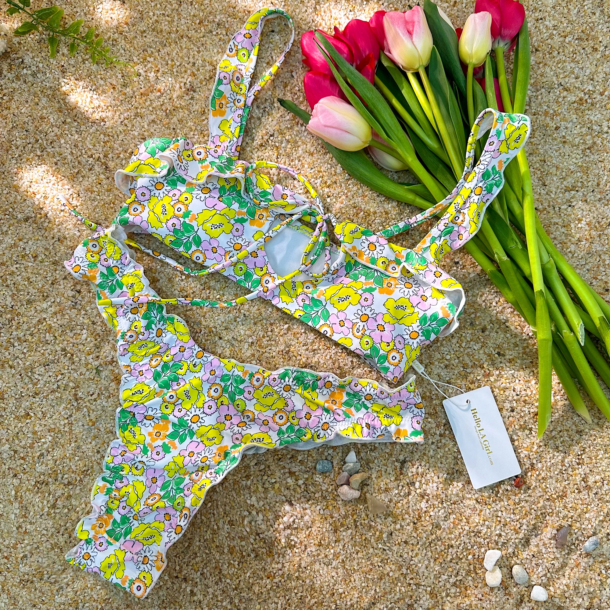 Green Digital Printing Lace Push Up Hollow Bikini Set - Image 5